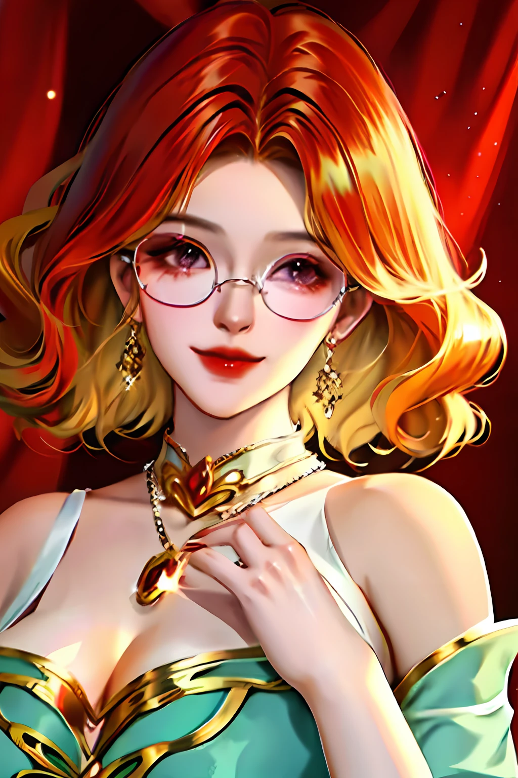 1meninas, bareshoulders, use of glasses, curly hair, curto, short hair, Shy smile, jewelries, olhando para o lado, Luvas, Peito plano, Red glasses, colar, roupas vermelhas e pretas, estilo anime, hands on the chest, peitos perfeitos, rosto, Sem camiseta, mostrando mama