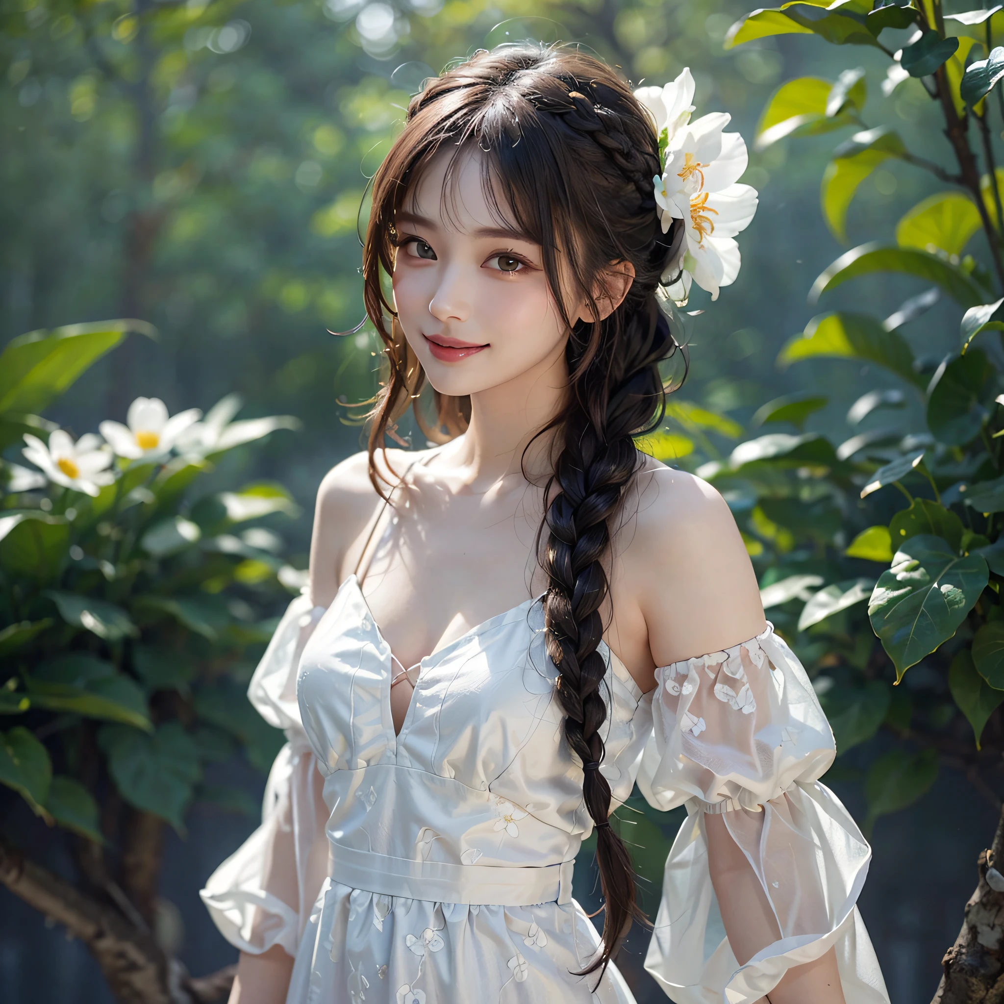 a 22 yo woman, JK, (cowboy shot, full body shot:1.3),long black hair, single braid bun, bright theme, (closed mouth with a faint happy smile), white flowery dress, soothing tones, high contrast, (natural skin texture, hyperrealism, effective front light, sharp),