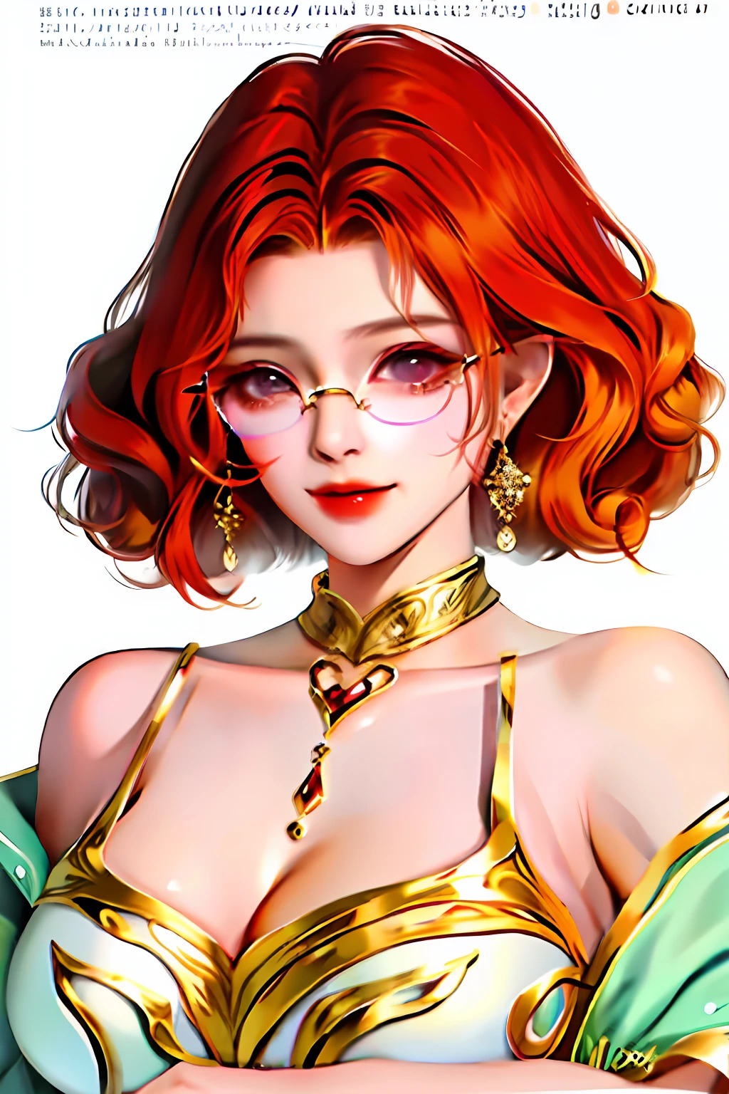 1meninas, bareshoulders, use of glasses, curly hair, curto, short hair, Shy smile, jewelries, olhando para o lado, Luvas, Peito plano, Red glasses, colar, roupas vermelhas e pretas, estilo anime, hands on the chest, peitos perfeitos, rosto, Sem camiseta, mostrando mama