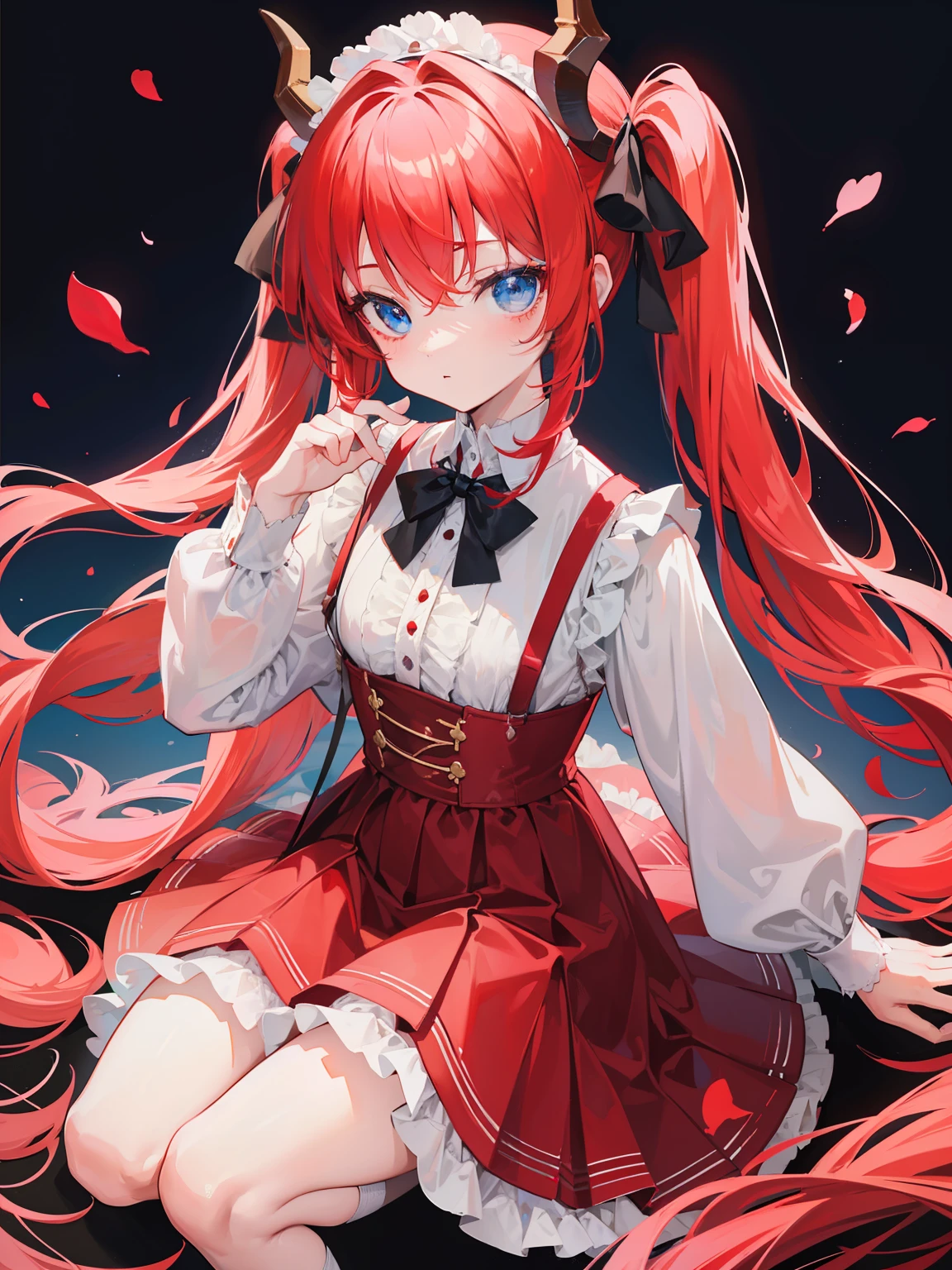 {{best quality}}, {{masterpiece}}, {{ultra-detailed}}, {illustration}, {detailed light}, red hair,blue eyes,twintails,lolita,Suspenders skirt,Fantastic,loli,solo,Dragon horns,little girl,long hair