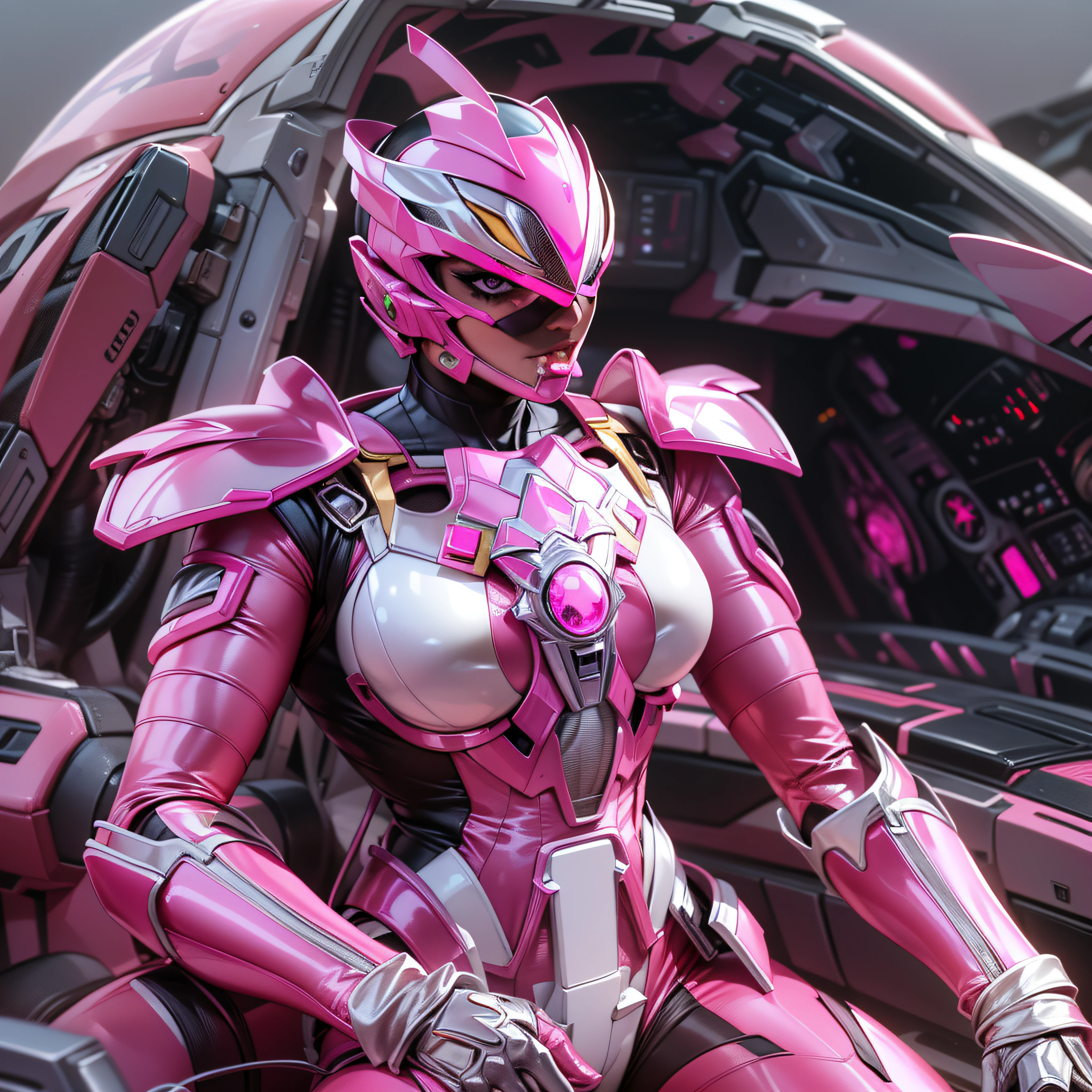 1woman, masterpiece,best quality, masterpiece, high detail,detailed face,detailed eyes,rendered eyes,perfect eyes,hip lines,ambient occlusion,crisp image,detailed,amazing,8k,8k wallpaper,8k in megazord cockpit background, high detailed skin,high res, ((male shot)), (running), pink megazord, mecha, (sitting in megazord cockpit) ((solo)), (pink chrome female Power Ranger), (((pink chrome armor, pink chrome spider helmet, pink chrome bodysuit, white belt, black eyes, white gloves))), (((white boots))), gold chrome armor, white gloves, pink chrome bodysuit, vambraces, photo-realistic, ultra-realistic, unreal engine,