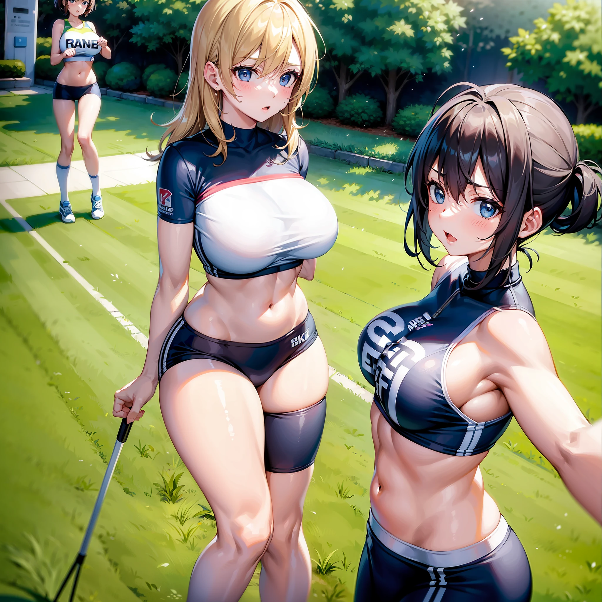 2girls，Extremely large breasts，Extremely heavy breasts，prengant，Stand on the lawn，sport underwear，bike shorts，Sprint race