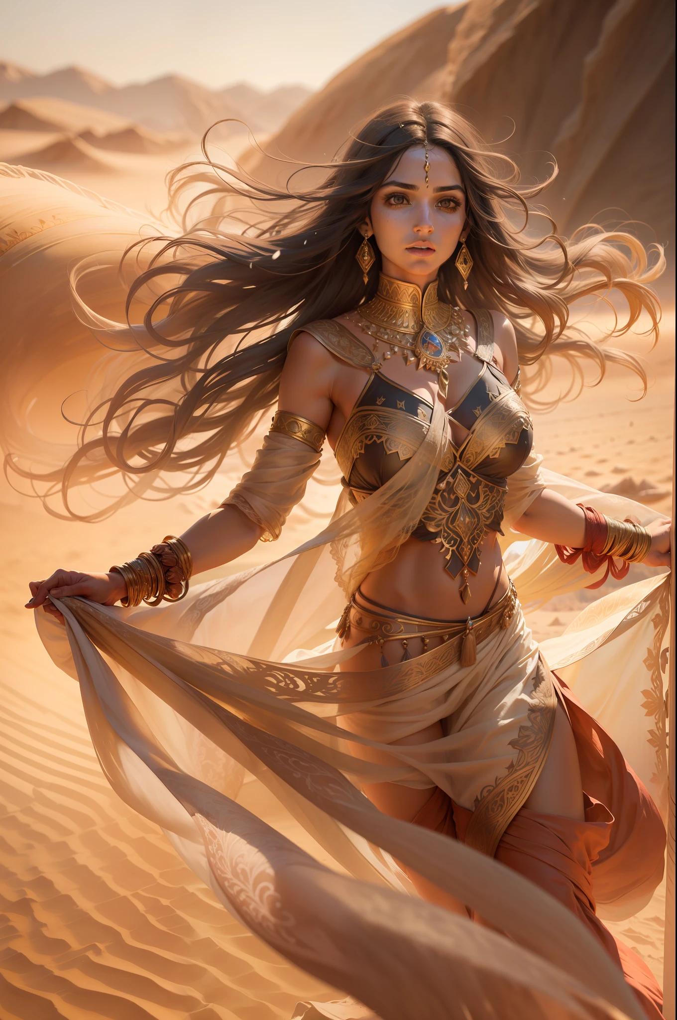 A captivating image of a graceful, powerful and mysterious Arabian woman, her flowing locks flowing in a flowing desert breeze. She wields a magnificent bow, adorned with intricate decorations and ornate designs. The sunlight casts long shadows, highlighting the woman's delicate beauty and evoking a sense of mystery and connection. The shallow depth of field isolates the woman and the desert environment, emphasizing the powerful connection between the two. shallow depth of field, soft lighting, portrait lens