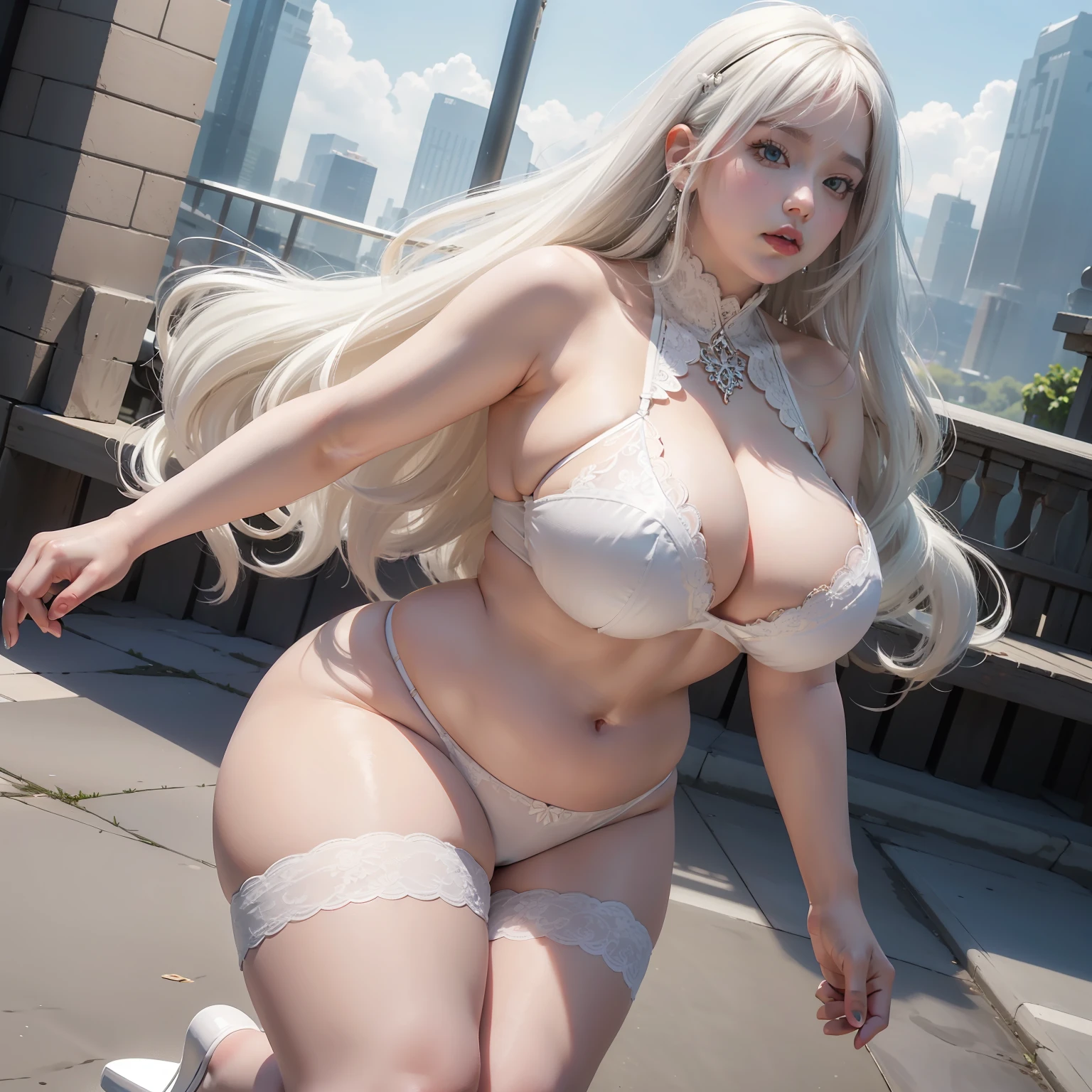 Curvaceous、Chic, fluffy body, hyperrealistic full figure, divine render, she has a jiggly fat round belly, bbwchan, fluffy chest, Colossal tits、realistic shaded perfect body、、white hair、solo person、open one's legs、View from the ground、White lace underwear、Various poses