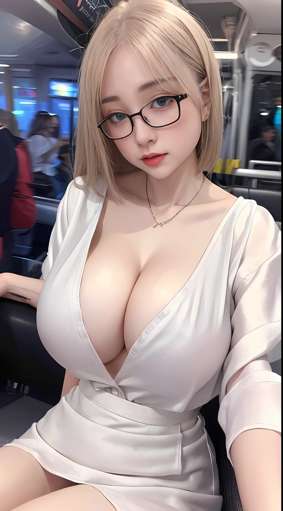 ((crowded train, A very cute woman wearing very very short white silk mini skirt.))((wearing a white silk plunging open shirt: 1.6.)). 40k, photography, masterpiece, best quality, dark grey background, ((1girl blue eyes and gorgeous light blonde hair, she wears glasses on her beautiful face, )), big ass full breasts until waiting wearing, varied poses.((Huge breasts :1.4)), Ultra-detailed face, Detailed eyes.