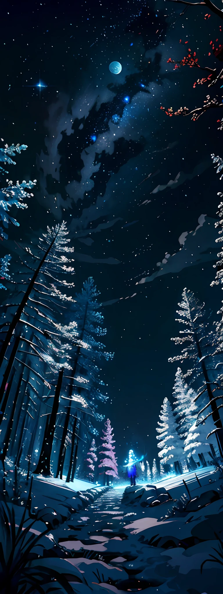 Vast landscape photos、(View from below with a view of the sky and below)、Girl standing on the top of a snowy mountain and looking up、(fullmoon:1.2)、(shooting stars:0.9)、(nebulas:1.3)、mountain in the distance、Far Lighting Break Production Art、(Warm color light source:1.2)、(fireflys:1.2)、abajour、Blue, green, and white、intricate detailes、Volume Lighting BREAK (masterpiece:1.2)、(top-quality)、4K、ultra-detailliert、(The composition of the movement:1.4)、Highly detailed and colorful details(Irridescent color:1.2)、(Glowing lighting、Atmospheric illumination)、dream-like、Magical、(独奏:1.2)