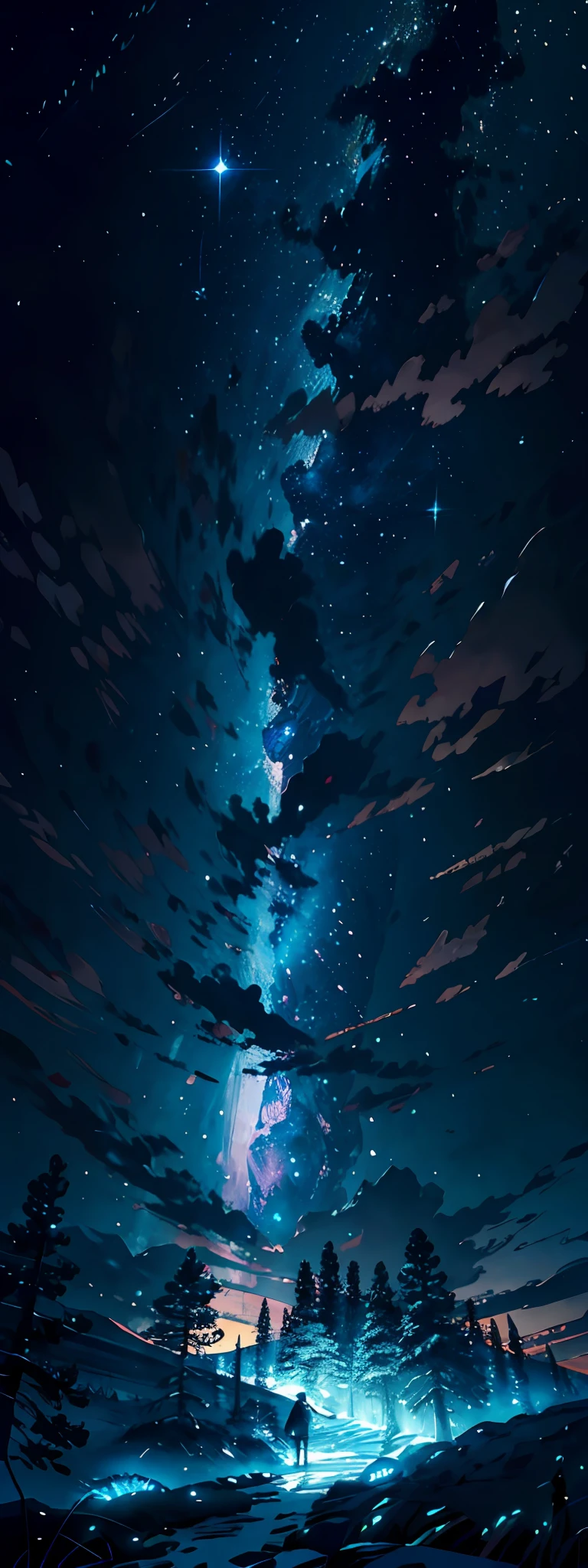 Vast landscape photos、（View from below with a view of the sky and below）、Girl standing on the top of a snowy mountain and looking up、（fullmoon：1.2）、（shooting stars：0.9）、（nebulas：1.3）、mountain in the distance、Far Lighting Break Production Art、(Warm color light source:1.2)、(fireflys:1.2)、abajour、Blue, green, and white、intricate detailes、Volume Lighting BREAK (​masterpiece:1.2)、(top-quality)、4K、ultra-detailliert、（The composition of the movement：1.4）、Highly detailed and colorful details（Irridescent color：1.2）、（Glowing lighting、Atmospheric illumination）、dream-like、Magical、（独奏：1.2）