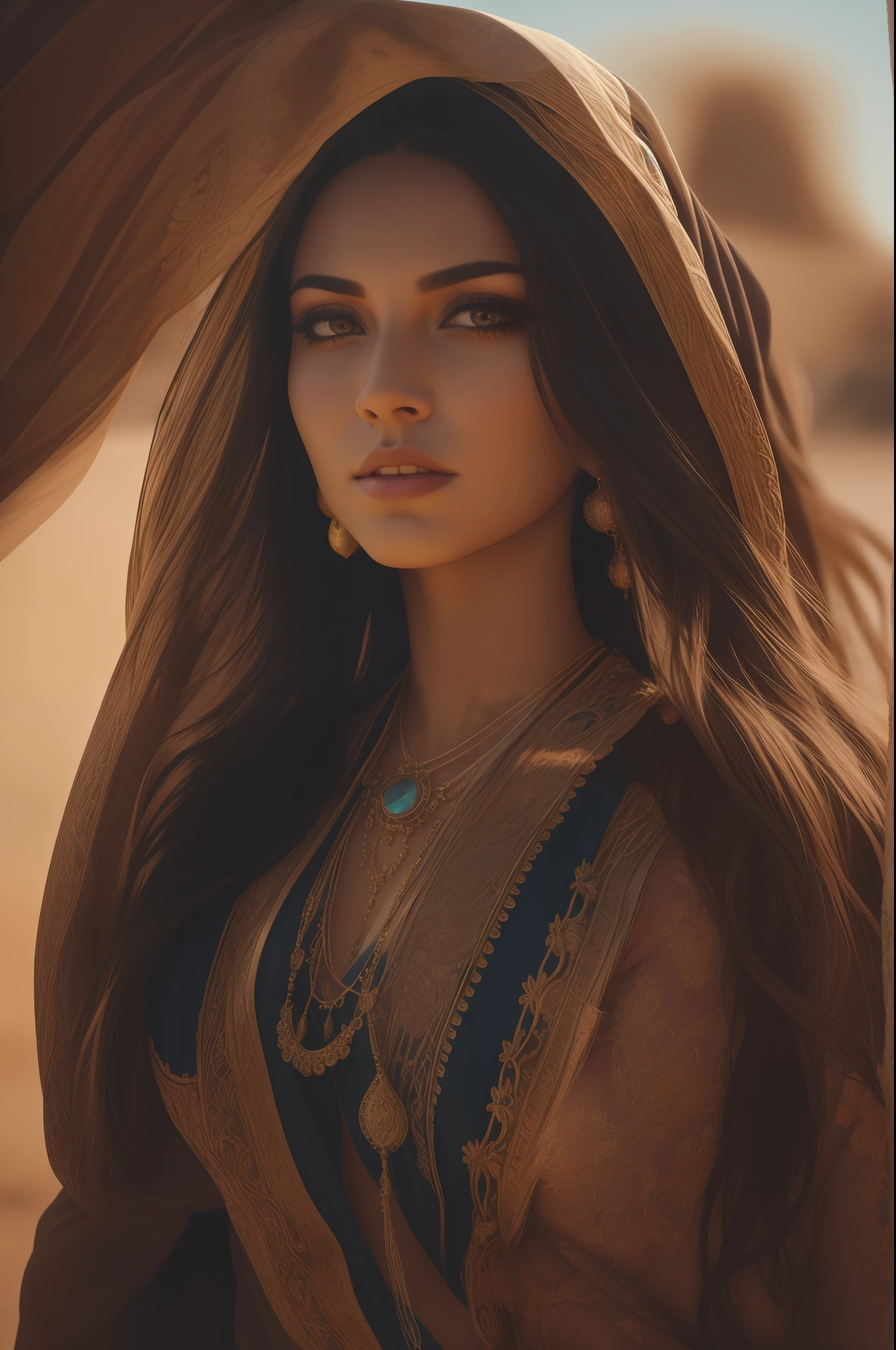 A captivating image of a graceful, powerful and mysterious Arabian woman, her flowing locks flowing in a flowing desert breeze. She wields a magnificent bow, adorned with intricate decorations and ornate designs. The sunlight casts long shadows, highlighting the woman's delicate beauty and evoking a sense of mystery and connection. The shallow depth of field isolates the woman and the desert environment, emphasizing the powerful connection between the two. shallow depth of field, soft lighting, portrait lens