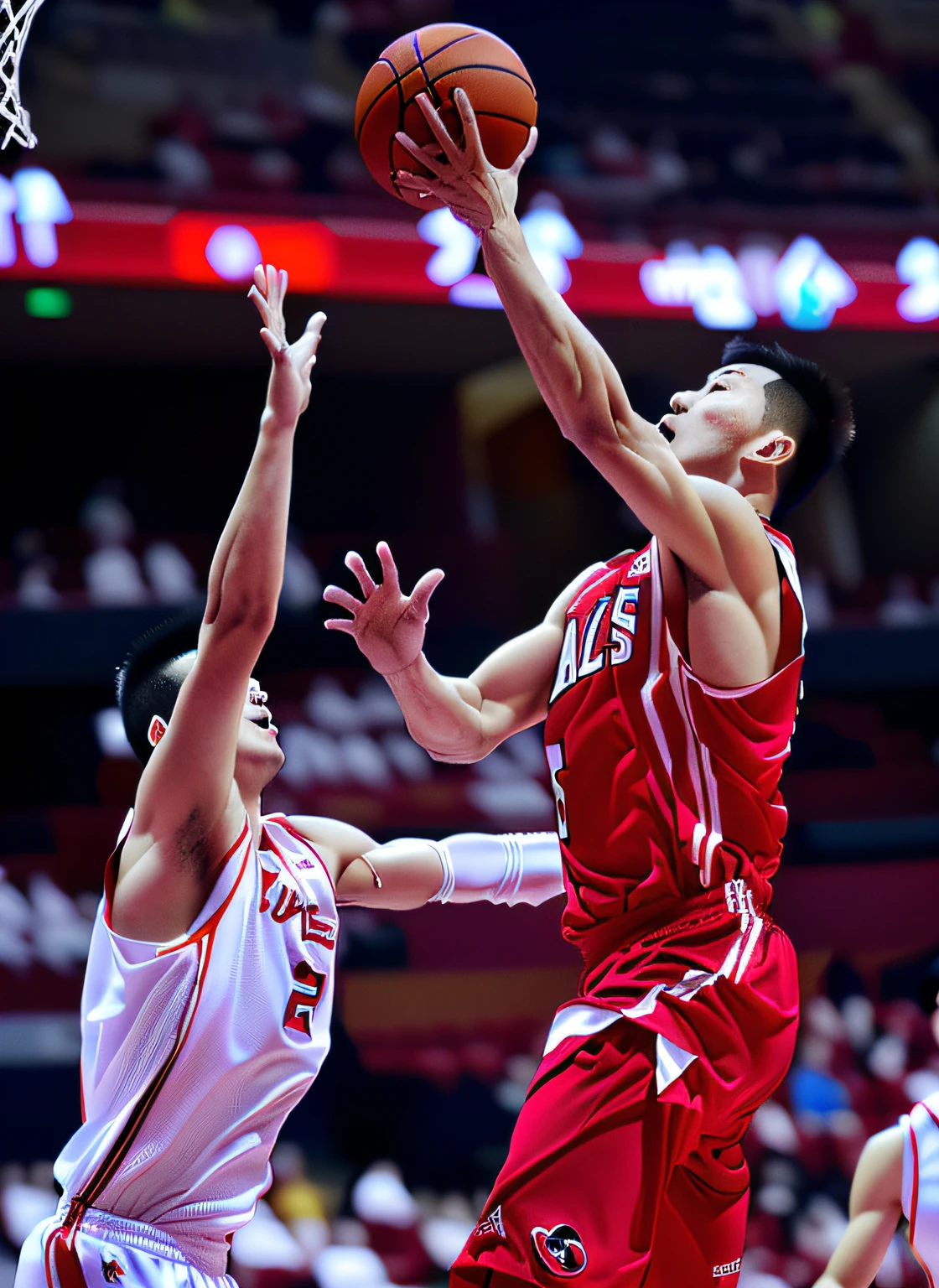 Alafeld basketball player in a red and white uniform went up to shoot, jinyiwei, nanquan, wei wang, shaxi, wang liang, wenjun lin, xue han, lei min, yiqiang and shurakrgt, Bo Feng, xiang duan, su fu, Wu Liu, Yang Qi, guangjian huang