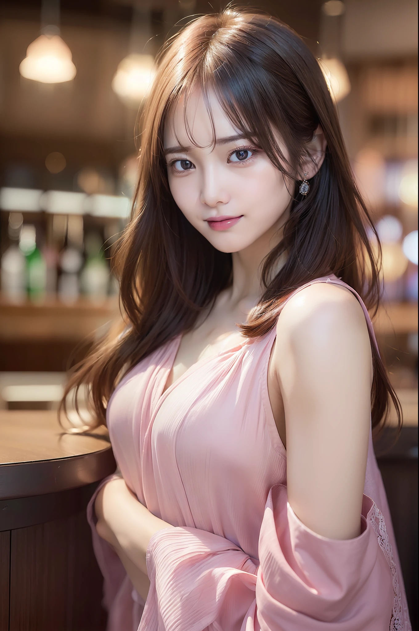 ((Realistic lighting、top-quality、8K、​masterpiece:1.3))、Portrait of woman in pink dress with tear on head, Focus:1.2、Perfect figure:1.4、Slim abs:1.1、(Inside the bar、Night:1.1)、(Super fine face、A smile)、big eye、24