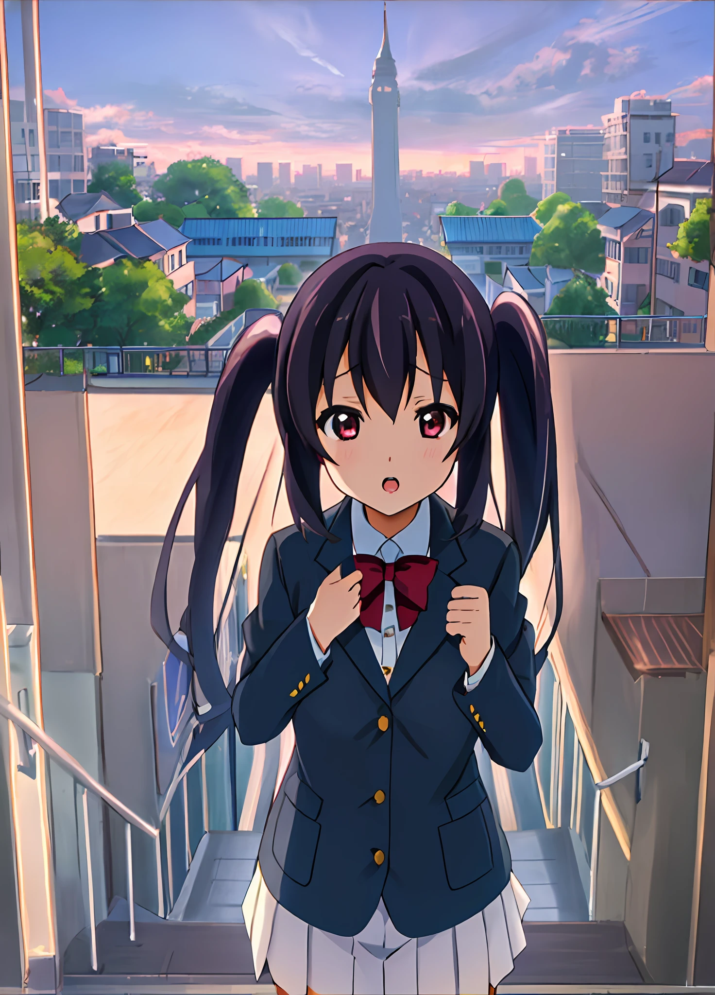1girl, (((masterpiece))), top-quality, top-quality, High Details, nakano azusa, 1girl, Sakuragaoka High School Uniform, student clothes, Twin-tailed, length hair, A dark-haired, brown-eyed, 独奏, reddish, Dark blue blazer with thin red ribbon, Solid white buttoned shirt under blazer, illustratio, comic strip, soothing tones, Subdued Color, Soft cinematic light, adobe lightroom, photolab, HDR, intricately and hyper-detailed、(((depth of fields))))。(((masterpiece)))。(((top-quality))).)((ultra-detailliert)))。(((illustratio)))。(((takeout))).dynamic focus.big breasts.(((Skyscrapers))).(((A city scape))).(((Face of sadness))). open mouth.(((fighting stance))).(((up chest))).((evening glow)).((the setting sun)).