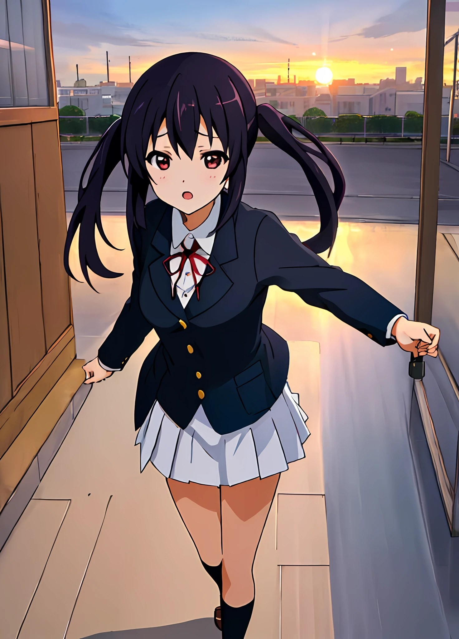 1girl, (((masterpiece))), top-quality, top-quality, High Details, nakano azusa, 1girl, Sakuragaoka High School Uniform, student clothes, Twin-tailed, length hair, A dark-haired, brown-eyed, 独奏, reddish, Dark blue blazer with thin red ribbon, Solid white buttoned shirt under blazer, illustratio, comic strip, soothing tones, Subdued Color, Soft cinematic light, adobe lightroom, photolab, HDR, intricately and hyper-detailed、(((depth of fields))))。(((masterpiece)))。(((top-quality))).)((ultra-detailliert)))。(((illustratio)))。(((takeout))).dynamic focus.big breasts.(((Skyscrapers))).(((A city scape))).(((Face of sadness))). open mouth.(((fighting stance))).(((up chest))).((evening glow)).((the setting sun)).