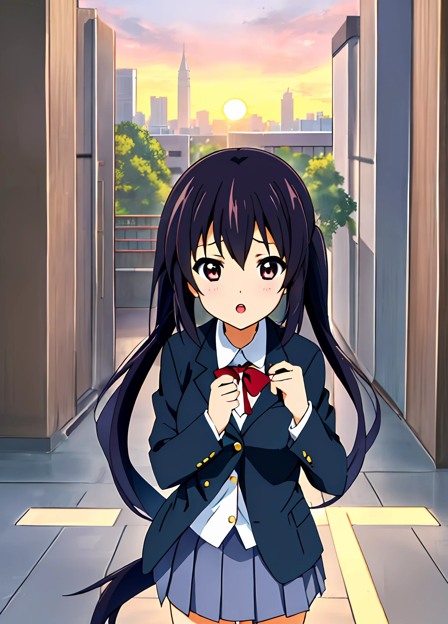 1girl, (((masterpiece))), top-quality, top-quality, High Details, nakano azusa, 1girl, Sakuragaoka High School Uniform, student clothes, Twin-tailed, length hair, A dark-haired, brown-eyed, 独奏, reddish, Dark blue blazer with thin red ribbon, Solid white buttoned shirt under blazer, illustratio, comic strip, soothing tones, Subdued Color, Soft cinematic light, adobe lightroom, photolab, HDR, intricately and hyper-detailed、(((depth of fields))))。(((masterpiece)))。(((top-quality))).)((ultra-detailliert)))。(((illustratio)))。(((takeout))).dynamic focus.big breasts.(((Skyscrapers))).(((A city scape))).(((Face of sadness))). open mouth.(((fighting stance))).(((up chest))).((evening glow)).((the setting sun)).