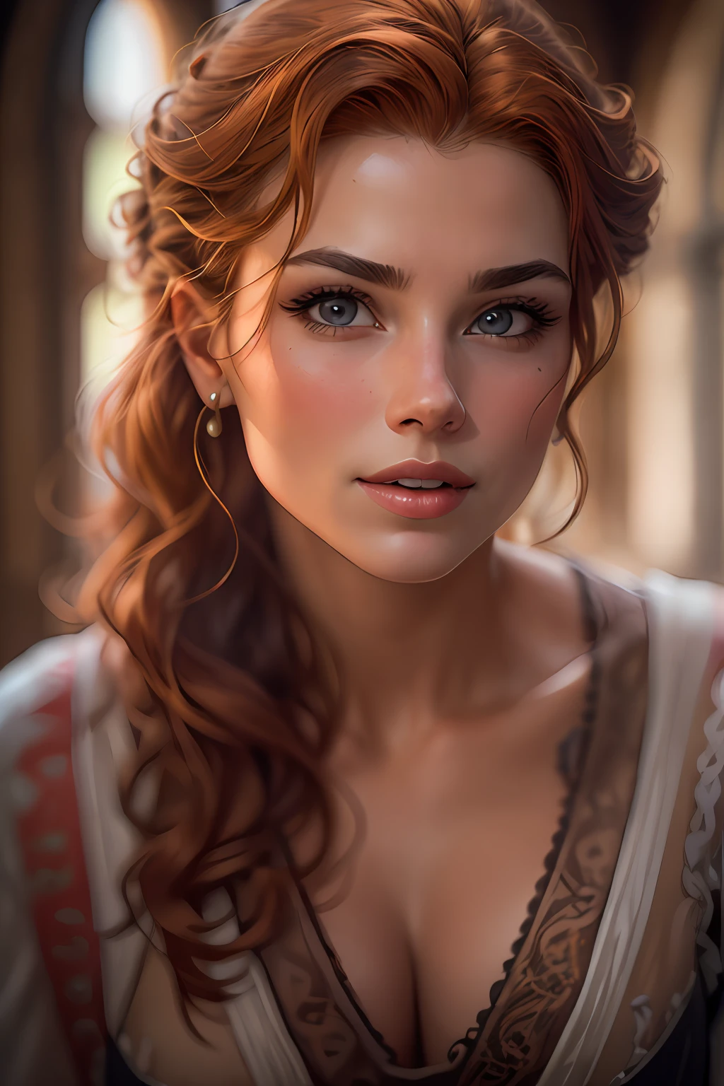 (best quality), (masterpiece), RAW photo portrait of a hot ginger haired princess with delicate face features standing tall in a medieval castle hall, confident seductive smile, sharp jawline, alluring, seductive eyes, eye contact, full lips, (big ???? ???????), deep cleavage, thick dark eyebrows, photoreal, real, realistic, realism, realistic skin, pores, film grain, ultra detailed, intricate, sharp focus, 8k, high resolution, (highly detailed face), slim, slender, gorgeous photo, beautiful image
