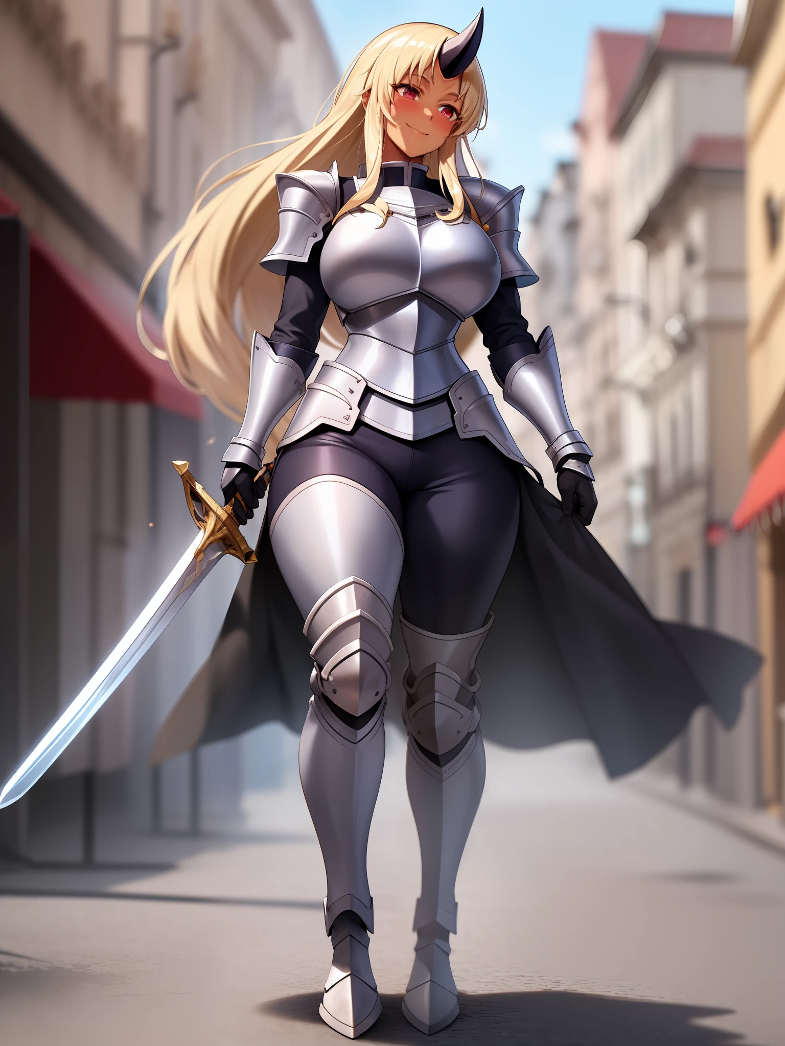 Sharp focus, 1girl, single horn, solo,blonde hair, very long hair, soles,( dark-skinned female:1.1), blush, smile, full body, large breasts, (red eyes:1.1),best quality, 4k, ((masterpiece)), extremely detailed, 8k, trending on ArtStation, walking, female knight, fantasy, full body armor, space marines armor, pants, holding sword, boots,, medieval village