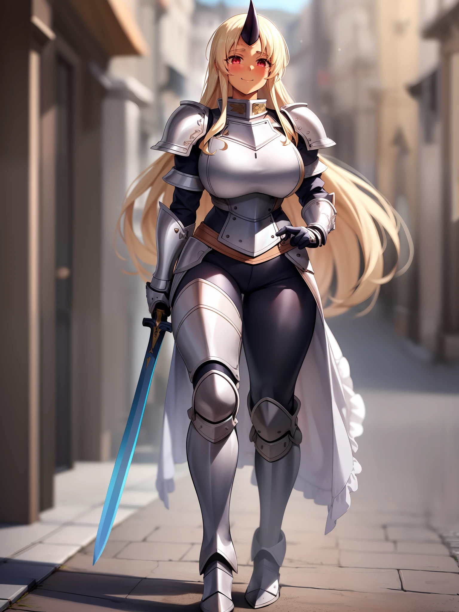 Sharp focus, 1girl, single horn, solo,blonde hair, very long hair, soles,( dark-skinned female:1.1), blush, smile, full body, large breasts, (red eyes:1.1),best quality, 4k, ((masterpiece)), extremely detailed, 8k, trending on ArtStation, walking, female knight, fantasy, full body armor, space marines armor, pants, holding sword, boots,, medieval village