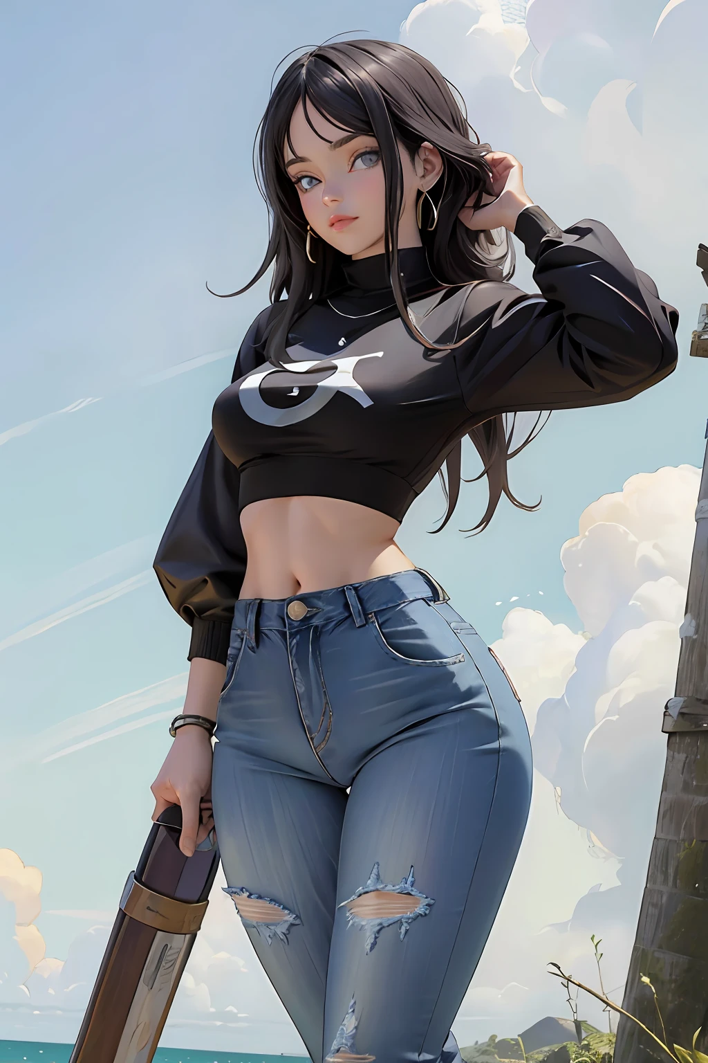 arte oficial, papel de parede 8k da unidade, ultra detalhado, handsome and aesthetic, lindo, vista do local, pernas abertas, cabelo longo, curto,  grandes, uma menina, pernas grossas, cabelo liso, hinata, hyuuga hinata, olhos vazios, olhos brancos , pupila branca, quadril largo, barriga de fora, denim trousers, brassier,  para fora, tight jeans, blusa preta, ombros de fora