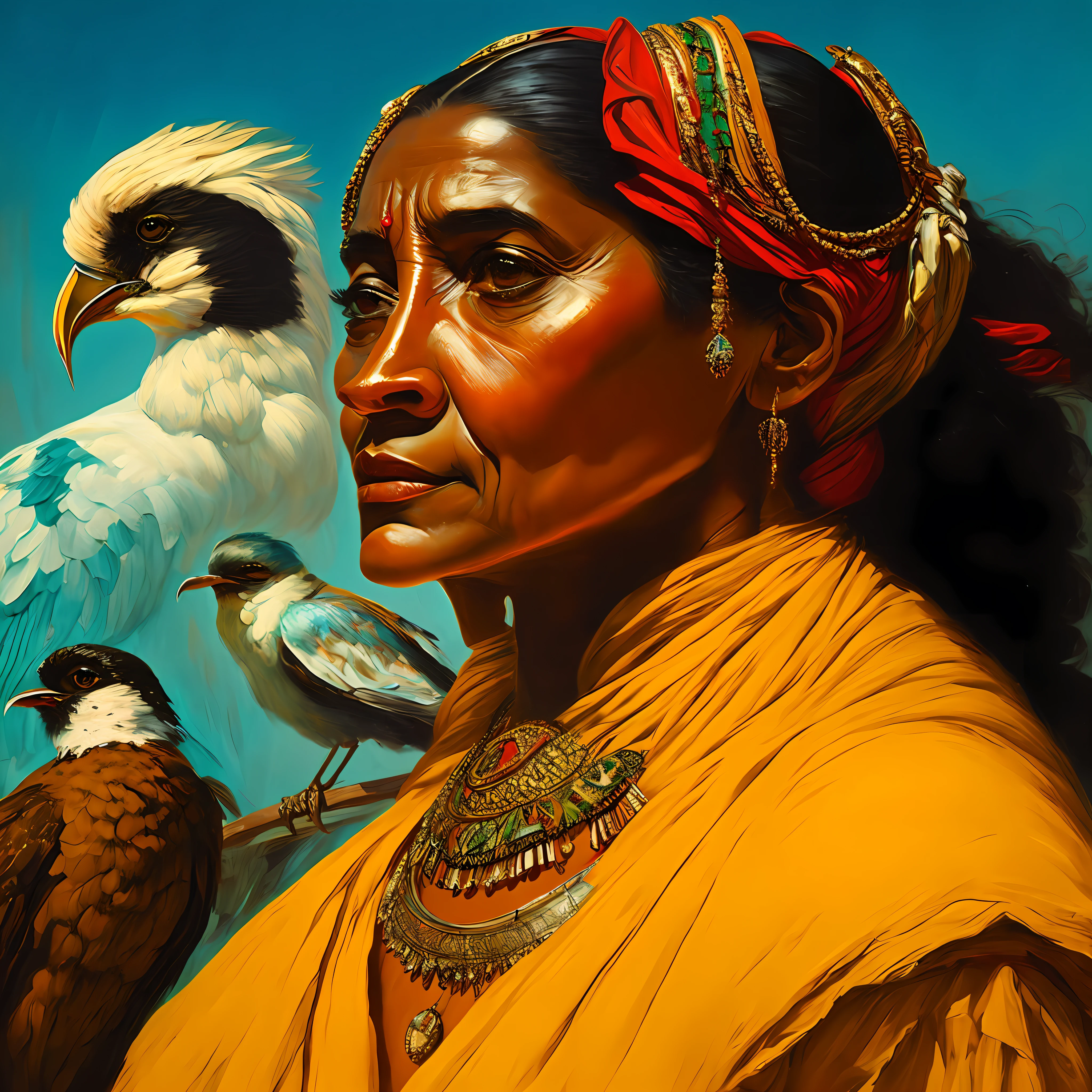 uma mulher, pintura estilo classico realista, with an old bird cage over his head,  classic art, Realismo exuberante, cores opacas em toda imagem, Antique jewelry on woman's neck, maquiagem borrada, pele branca suja de poeira.