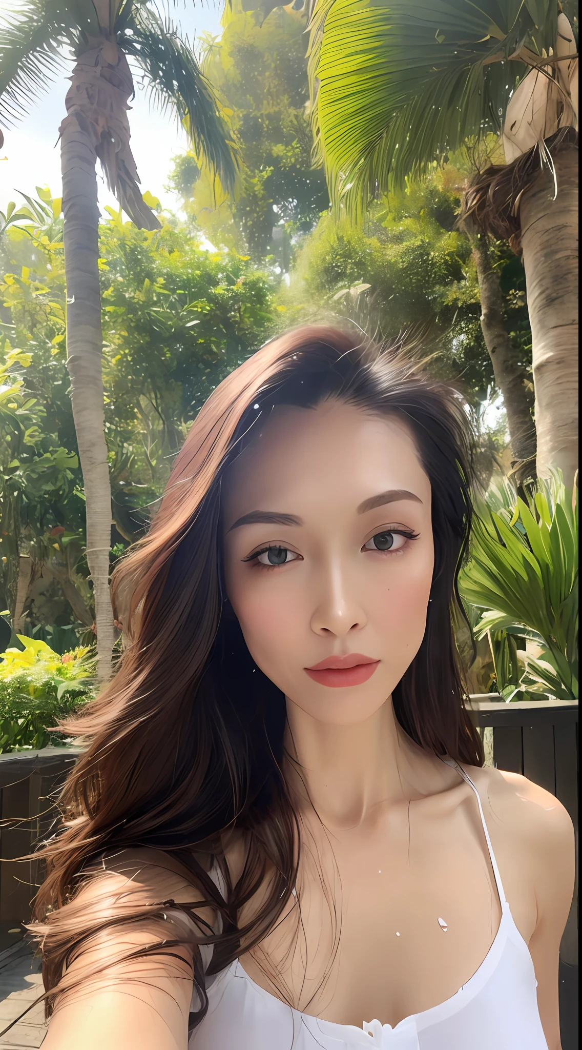 (Best quality, 4k, Masterpiece :1.3), gorgeous woman, 1girl, (skinny, fit, perfect body :1.2), abs :1.1, dark brown hair: 1.1, (rainy wet, wet body :1.2), under palm trees, ultra-detailed face, detailed lips, detailed eyes, double eyelid, large breasts