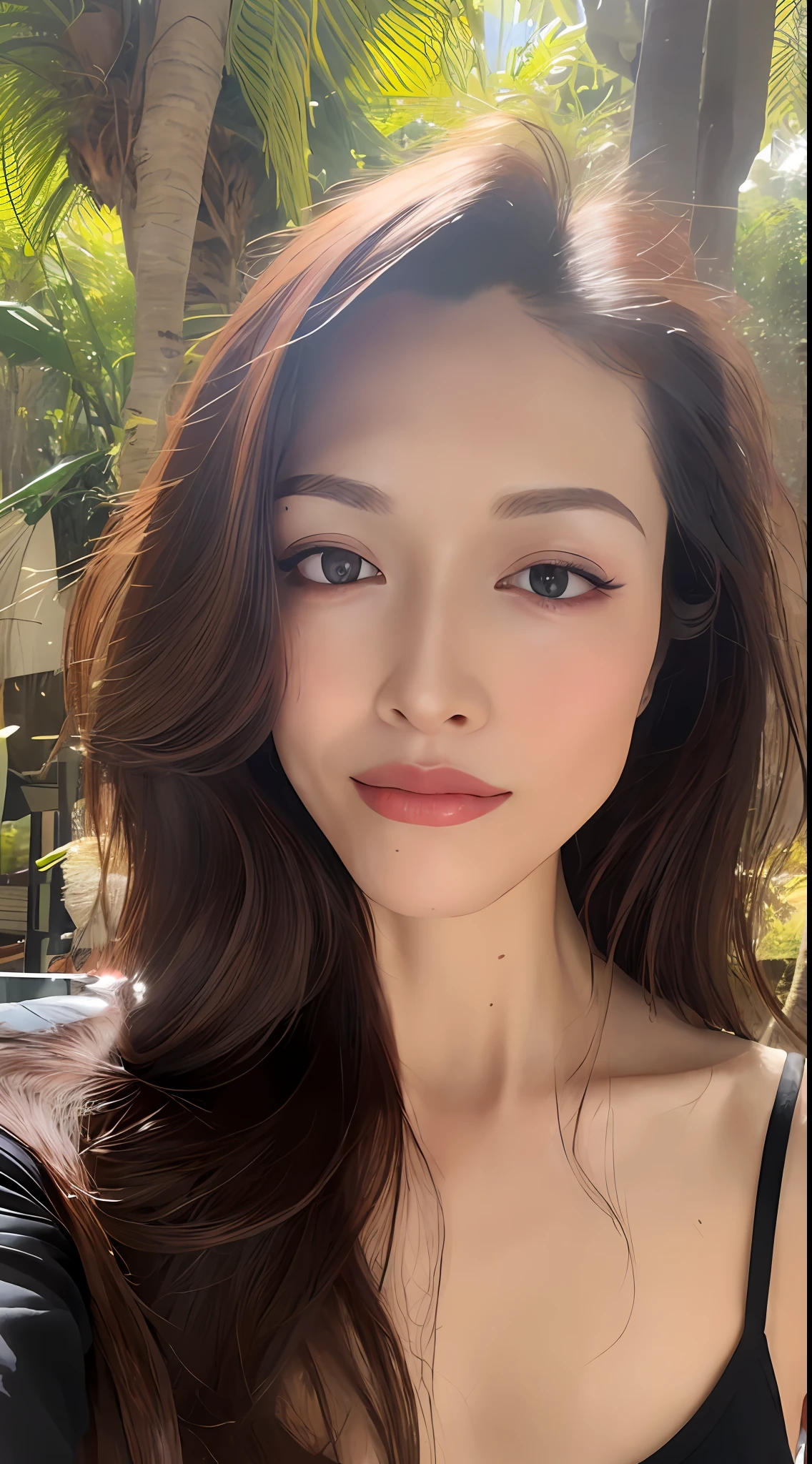 (Best quality, 4k, Masterpiece :1.3), gorgeous woman, 1girl, (skinny, fit, perfect body :1.2), abs :1.1, dark brown hair: 1.1, (rainy wet, wet body :1.2), under palm trees, ultra-detailed face, detailed lips, detailed eyes, double eyelid, large breasts