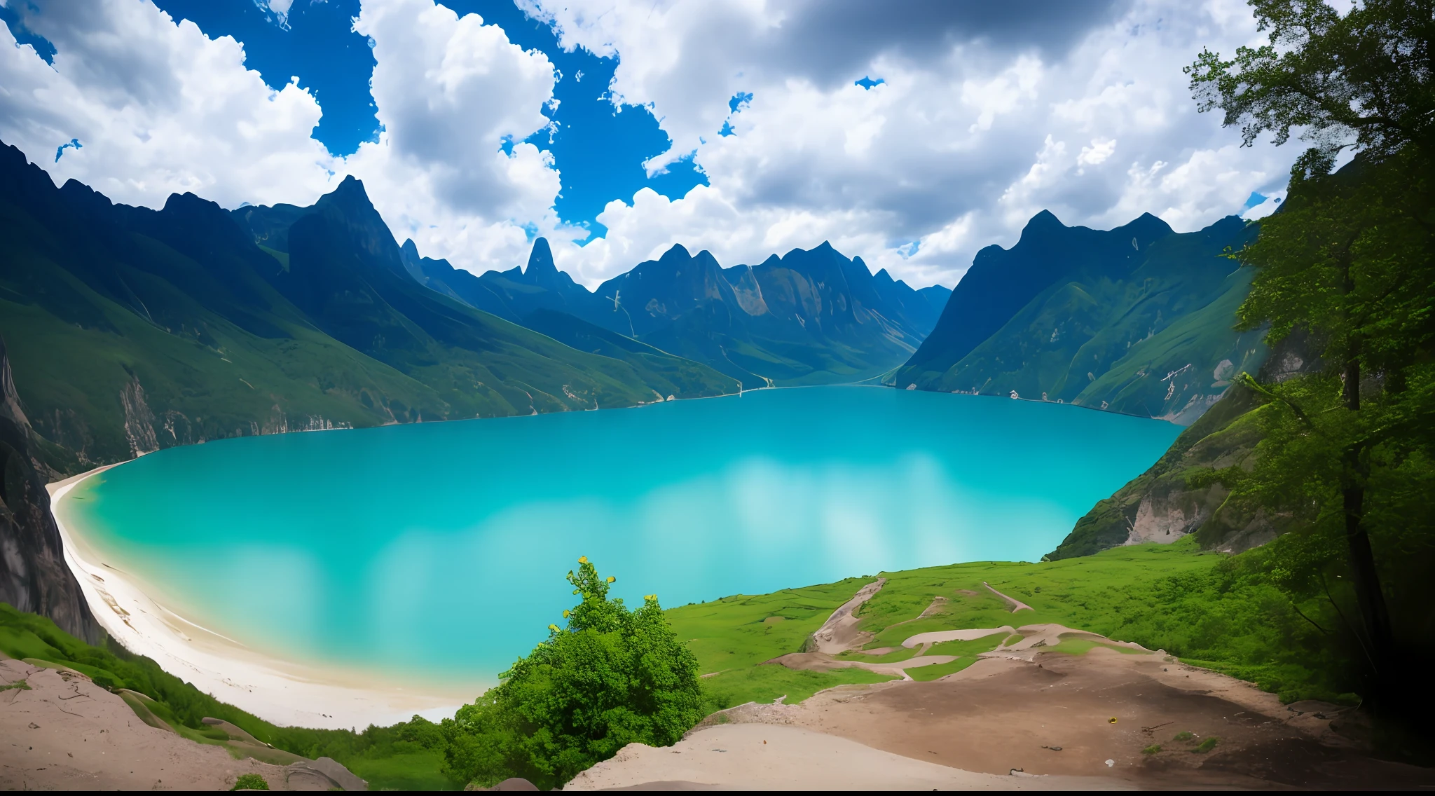 scenery, outdoor, sky, cloud, day, no humans, mountain, panorama, water, tree, blue sky, waterfall, cliff, nature, lake, river, cloudy sky