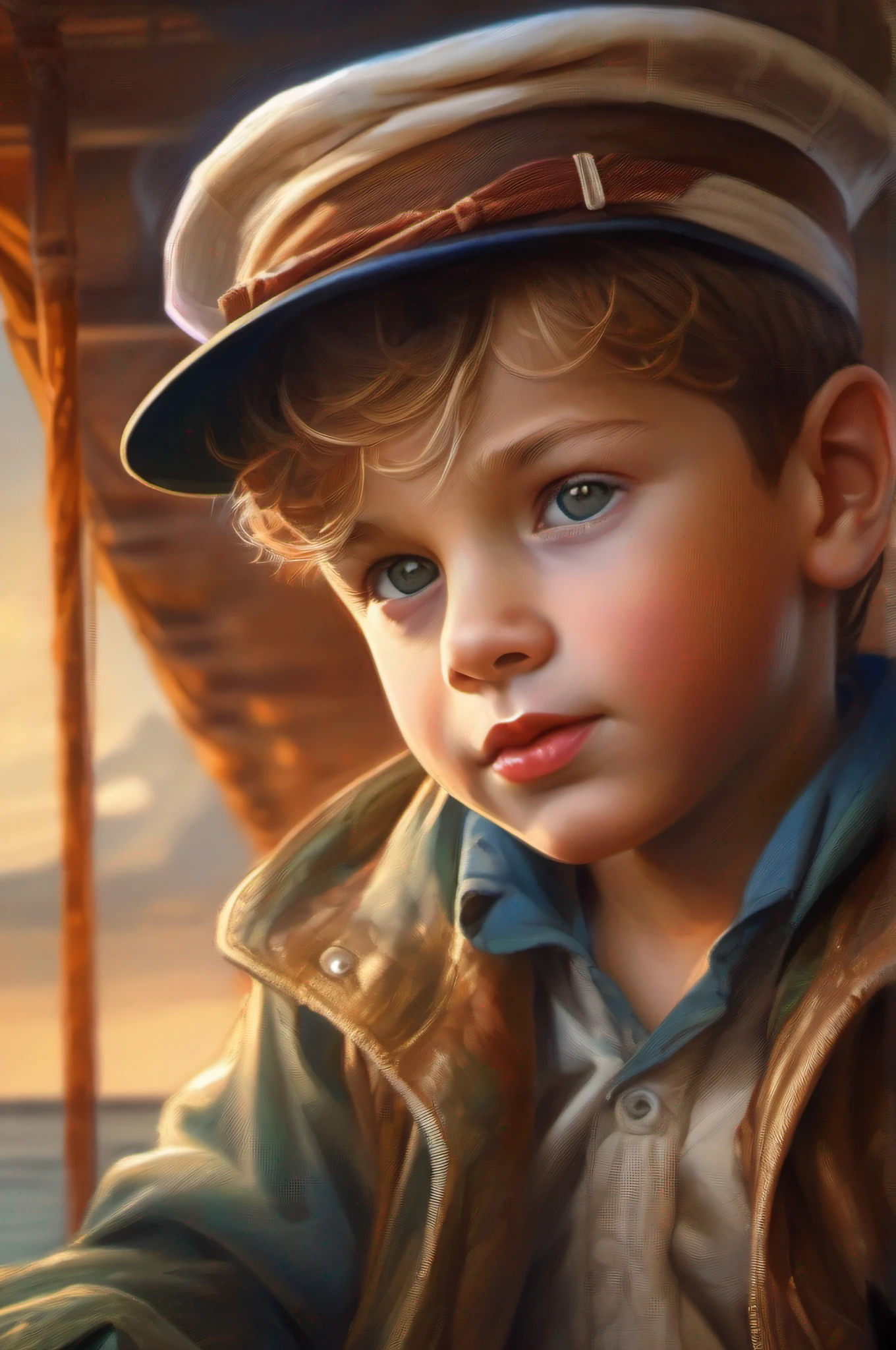 Art by Ralph Horsley and Cameron Cray and anita malfatti a cute sailor boy 6 , stand on a boat, fantastic face, caucasian, beautiful look, detailed landscape background, glow effect ultra sharp focus, centered, face ilumined, face detailed, 8k resolution, watercolor, Konstantin Razumov and Volegov style, art by Carne Griffiths and Wadim Kashin, centered, symmetry, painted, intricate, volumetric lighting, beautiful, rich deep colors masterpiece, sharp focus, ultra detailed, in the style of dan mumford and marc simonetti, astrophotography, centered, symmetry, painted, intricate, volumetric lighting, beautiful, rich deep colors masterpiece, sharp focus, ultra detailed, in the style of dan mumford and marc simonetti, astrophotography