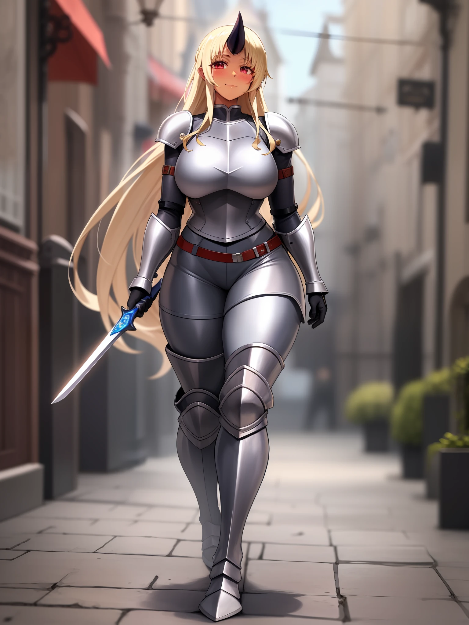 Sharp focus, 1girl, single horn, solo,blonde hair, very long hair, soles,( dark-skinned female:1.1), blush, smile, full body, large breasts, (red eyes:1.1),best quality, 4k, ((masterpiece)), extremely detailed, 8k, trending on ArtStation, walking, female knight, fantasy, full body armor, space marines armor, pants, holding sword, boots,, medieval village