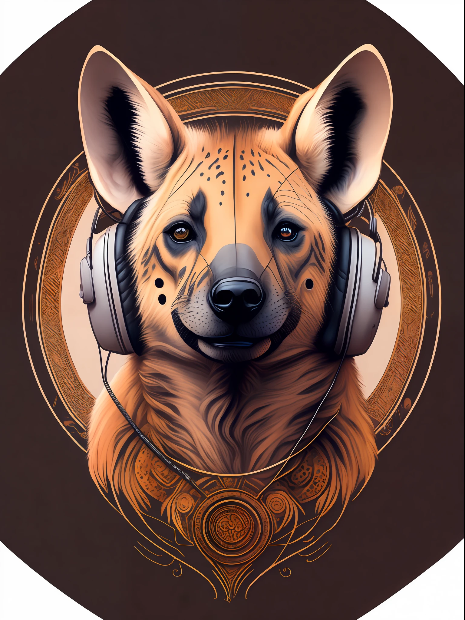 circular design, t-shirt design, hyena with headphone, detailed face, soft smooth skin, symmetrical, soft lighting, concept art, digital painting, hyperdetailed painting, complex, amazing details, highly detailed, intricate details, realistic, multiple views , white , colored light background