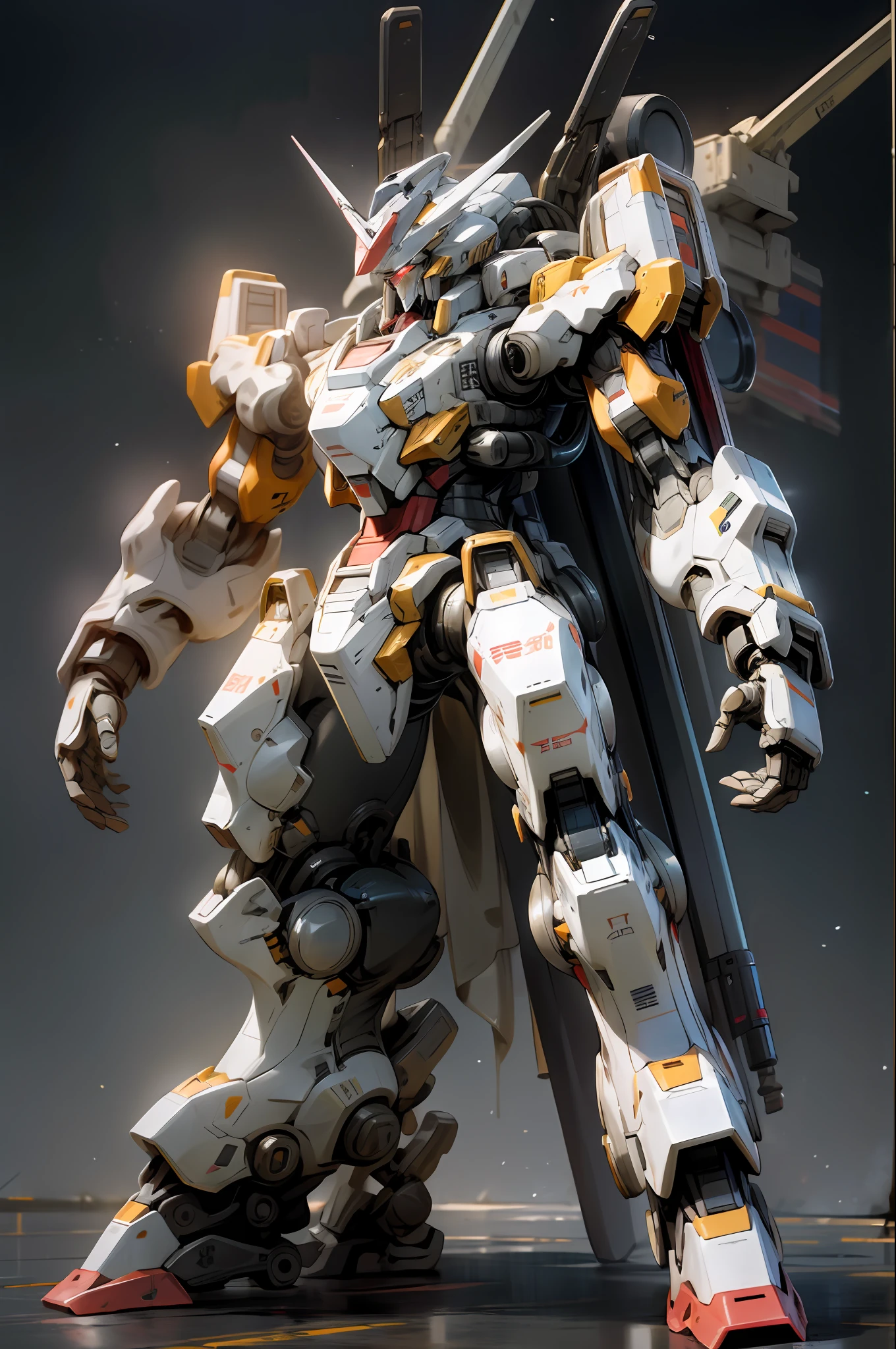 10 life size, 8k, RAW photo,best quality, masterpiece, ultra high res,(photorealistic:1.4), Real robot, Gundam, super cool, new model, looks strong, sci-fi, space battleship launch deck, humanoid general-purpose weapon for space, total height 18 meters, beam rifle equipped in the right hand, shield held in the left hand, smart body, walking around the feet Scene of maintenance staff preparing for departure, White body