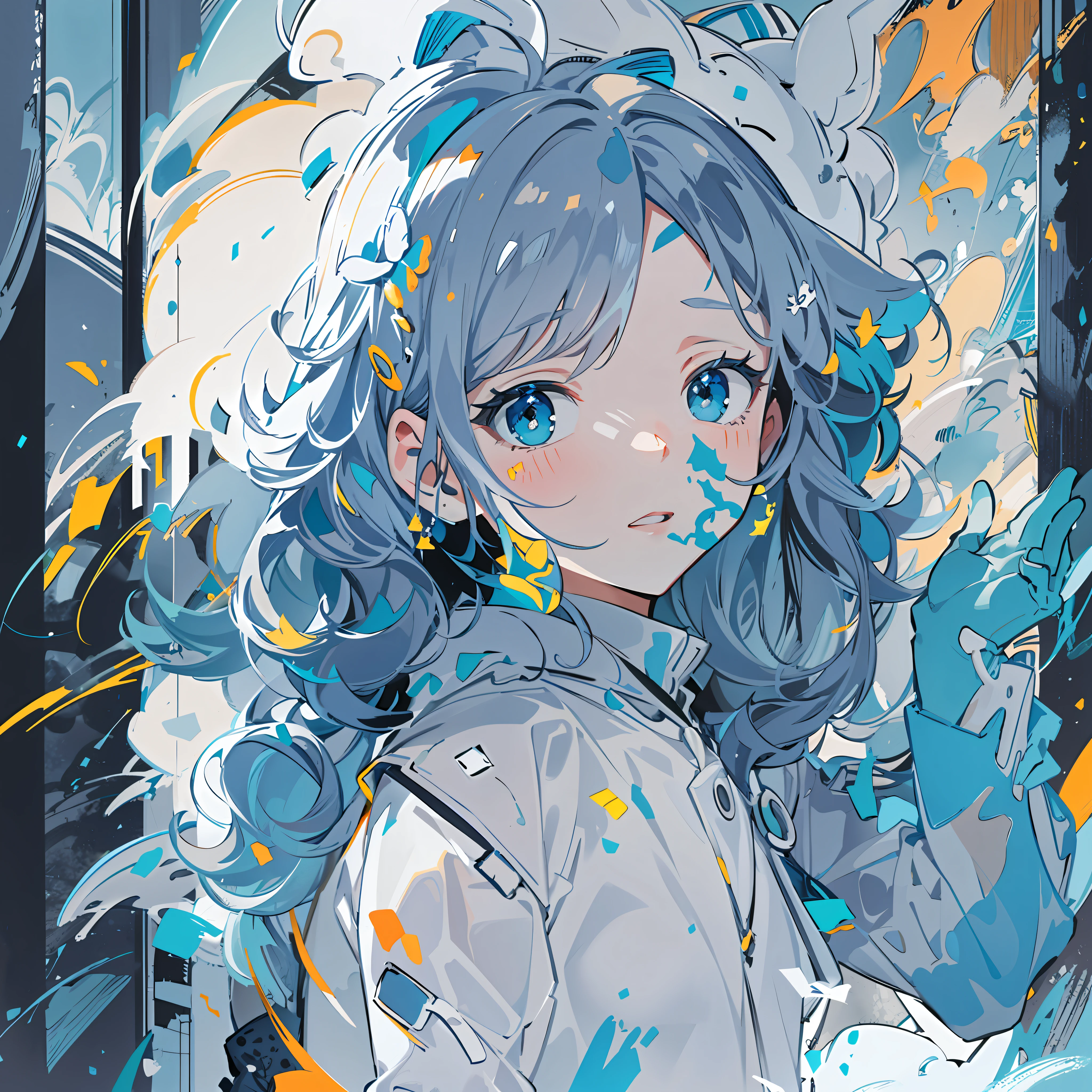 Minimalist, large area of blue, animation art style, palette bright, oshare kei, dark white and amber, loose strokes, dark white and light sky blue, Senqi, precision painting, Traincore,k-pop ,Close-up Shot Shot