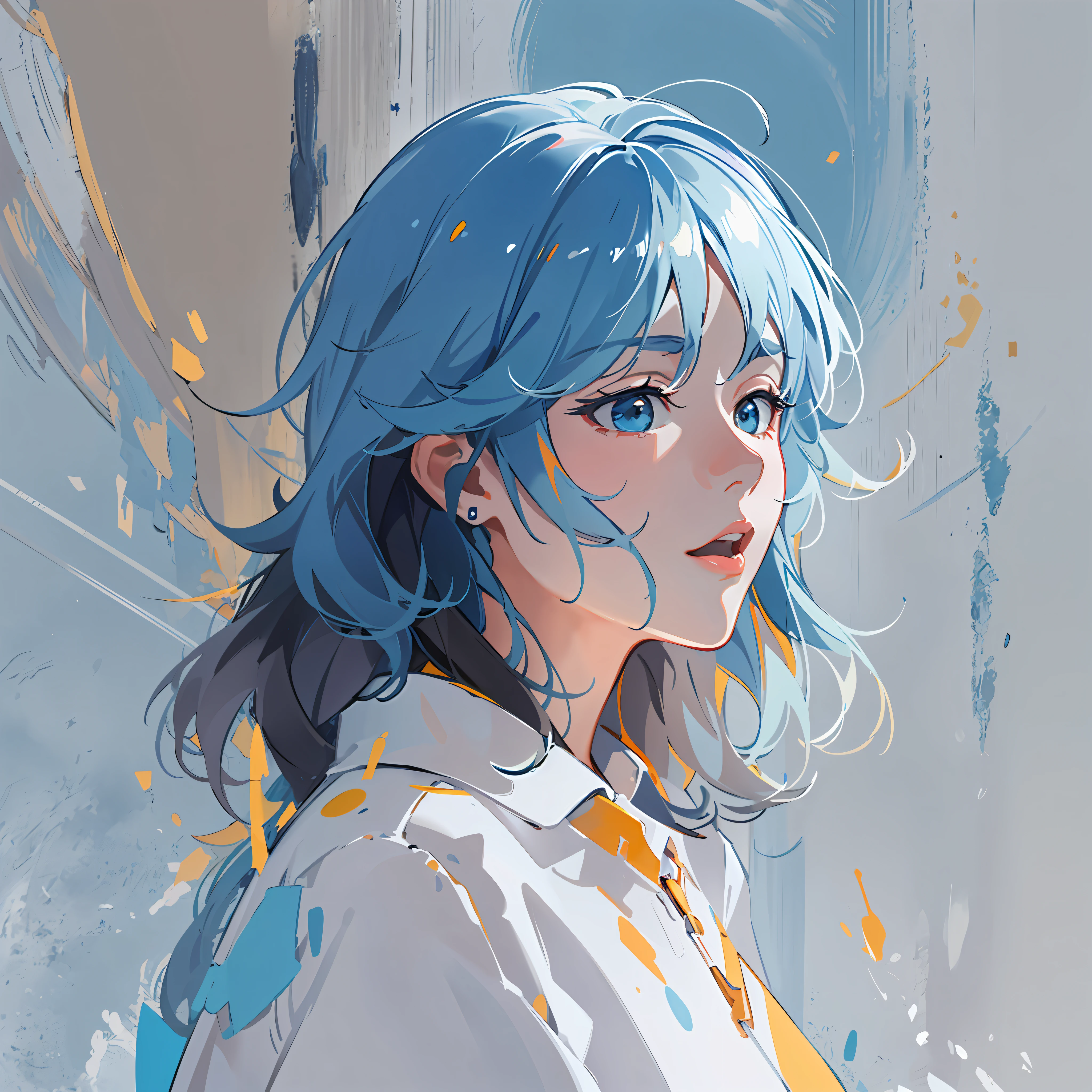 Minimalist, large area of blue, animation art style, palette bright, oshare kei, dark white and amber, loose strokes, dark white and light sky blue, Senqi, precision painting, Traincore,k-pop ,Close-up Shot Shot