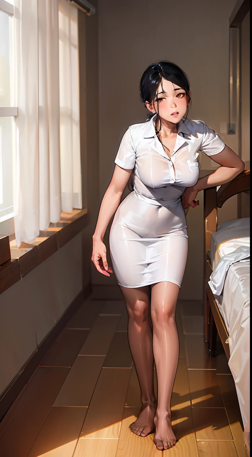 Full body view, feet in view, infirmary, curtains, 1girl, nurse, white dress, pantyhose, no shoes, leaning over patient in bed, masterpiece, best quality, highly detailed, no shoes