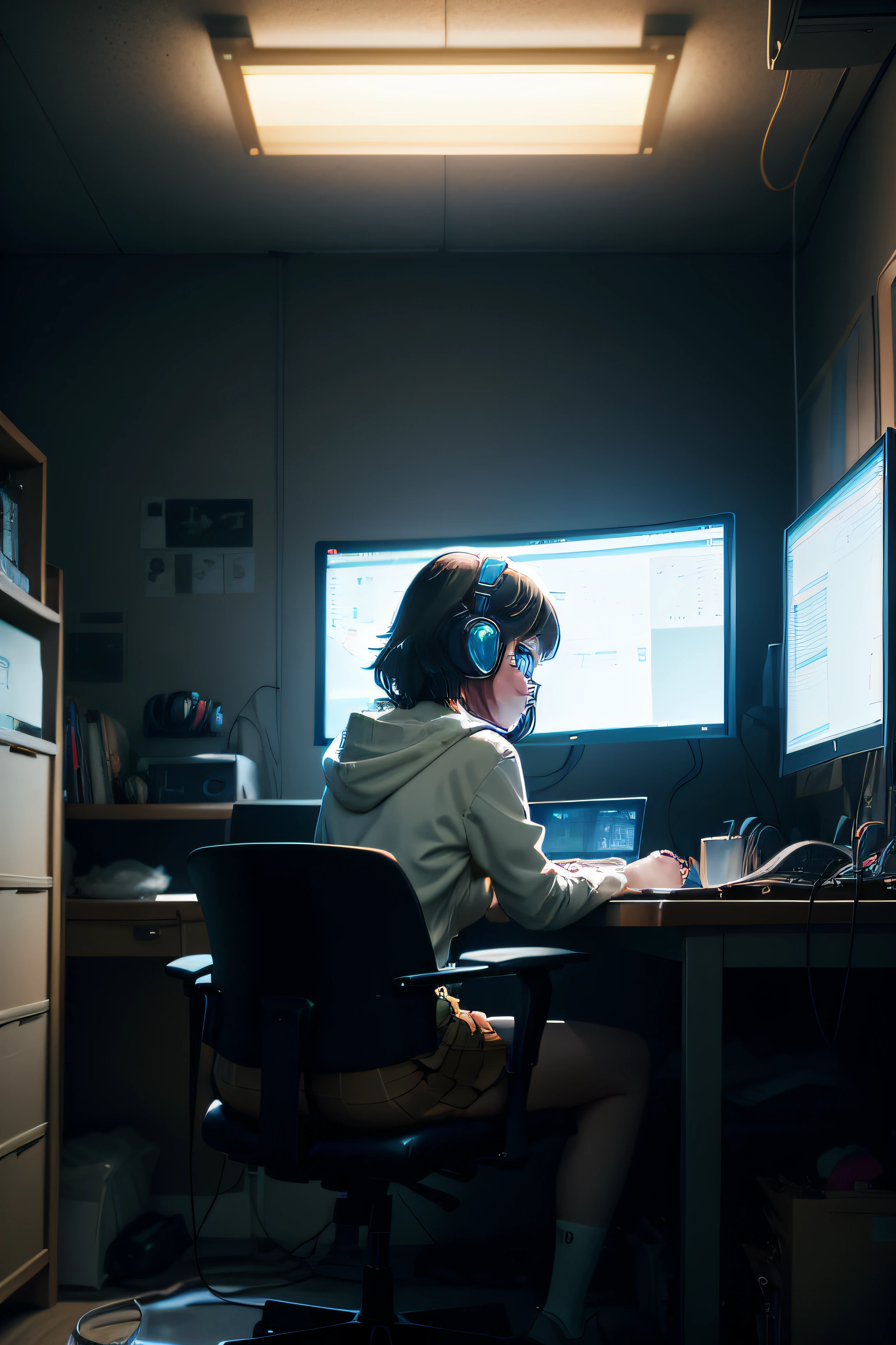 Create a high resolution artwork of lofi, anime girl is programming at a computer in a room full of gadgets, snown, web developer, by makoto shinkai and ghibli studio, outlined silhouettes, dramatic lighting, highly detailed, incredible quality, trending on artstation, masterpiece, 8k
