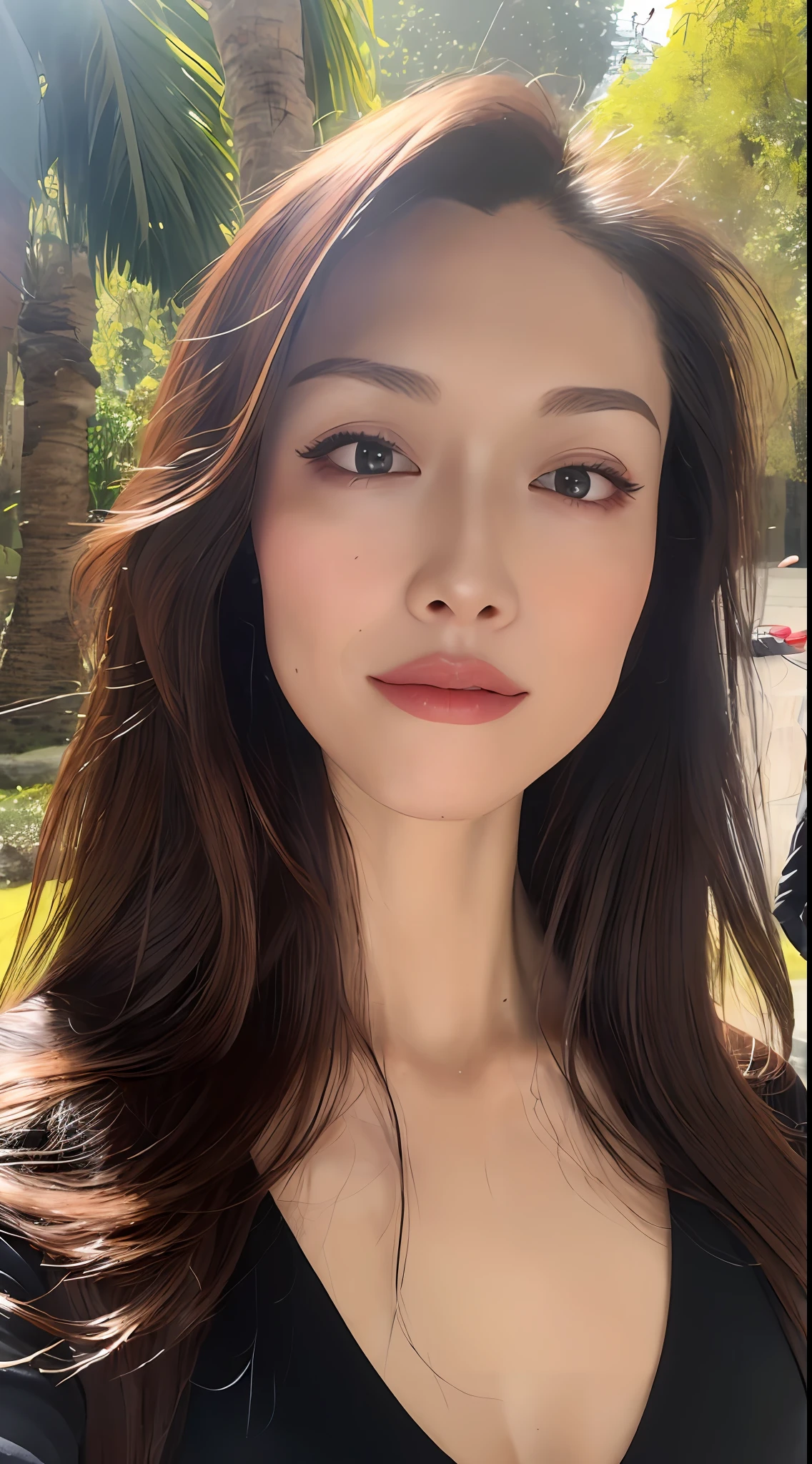 (Best quality, 4k, Masterpiece :1.3), gorgeous woman, 1girl, (skinny, fit, perfect body :1.2), abs :1.1, dark brown hair: 1.1, (rainy wet, wet body :1.2), under palm trees, ultra-detailed face, detailed lips, detailed eyes, double eyelid, large breasts