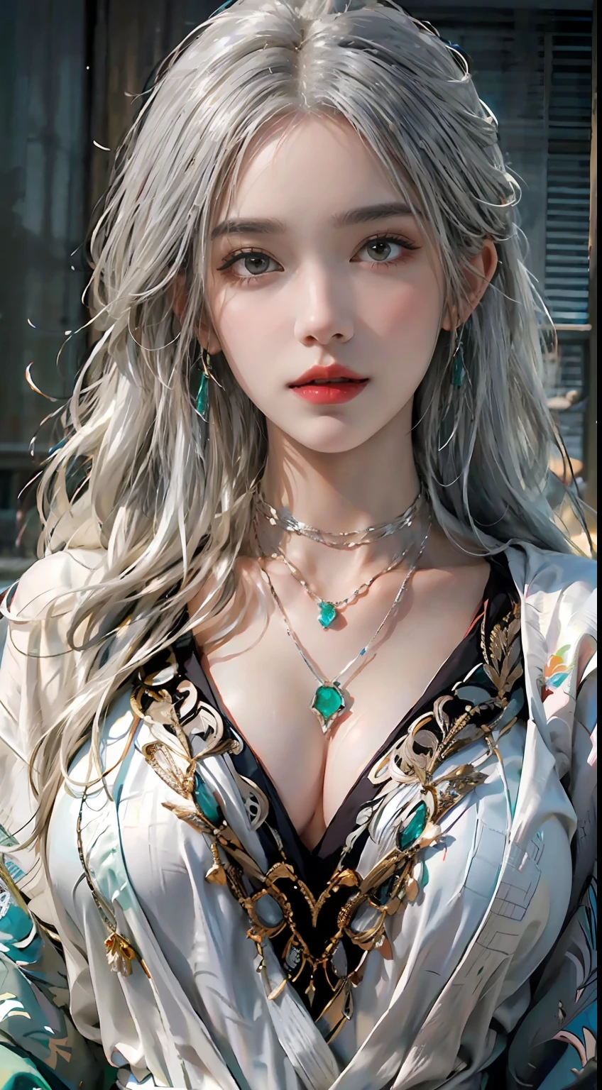 Photorealistic, high resolution, 1womanl, Solo, Hips up, view the viewer, (The face texture is rich，Full of detail), White hair, Long hair, colorful robes,high-necksweater, midjourney portrait, jewelry，Large breasts，Emerald necklace，High silver ponytail，The upper part of the body