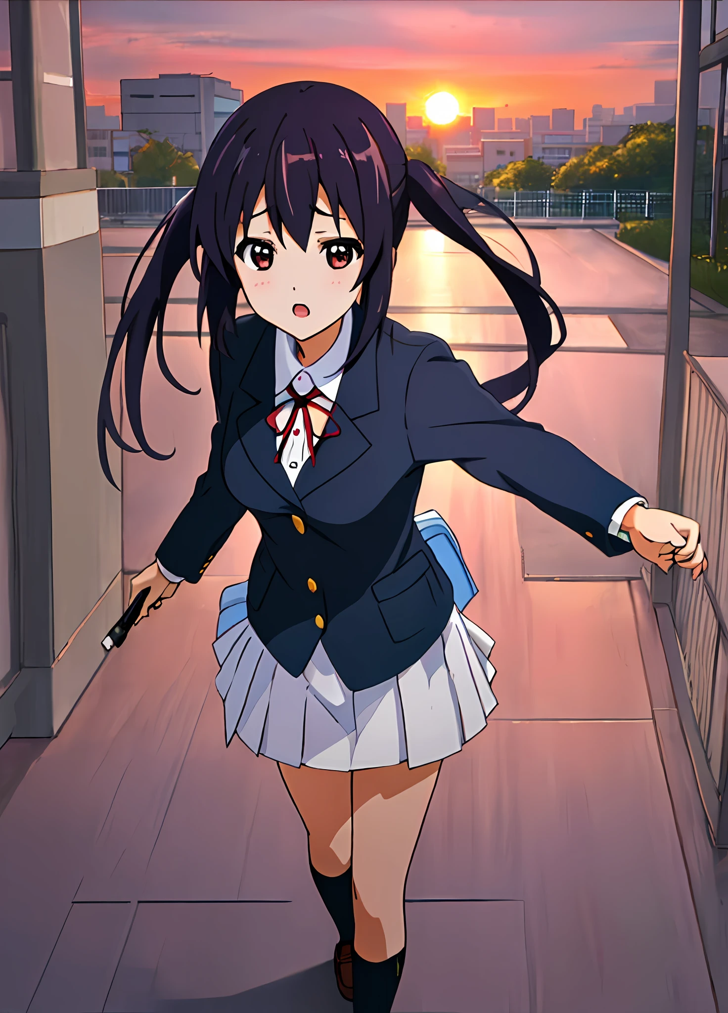 1girl, (((​masterpiece))), top-quality, top-quality, High Details, nakano azusa, 1girl, Sakuragaoka High School Uniform, student clothes, Twin-tailed, length hair, A dark-haired, brown-eyed, 独奏, reddish, Dark blue blazer with thin red ribbon, Solid white buttoned shirt under blazer, illustratio, comic strip, soothing tones, Subdued Color, Soft cinematic light, adobe lightroom, photolab, HDR, intricately and hyper-detailed、(((depth of fields))))。(((​masterpiece)))。(((top-quality))).)((ultra-detailliert)))。(((illustratio)))。(((takeout))).dynamic focus.big breasts.(((Skyscrapers))).(((A city scape))).(((Face of sadness))). open mouth.(((fighting stance))).(((up chest))).((evening glow)).((the setting sun)).