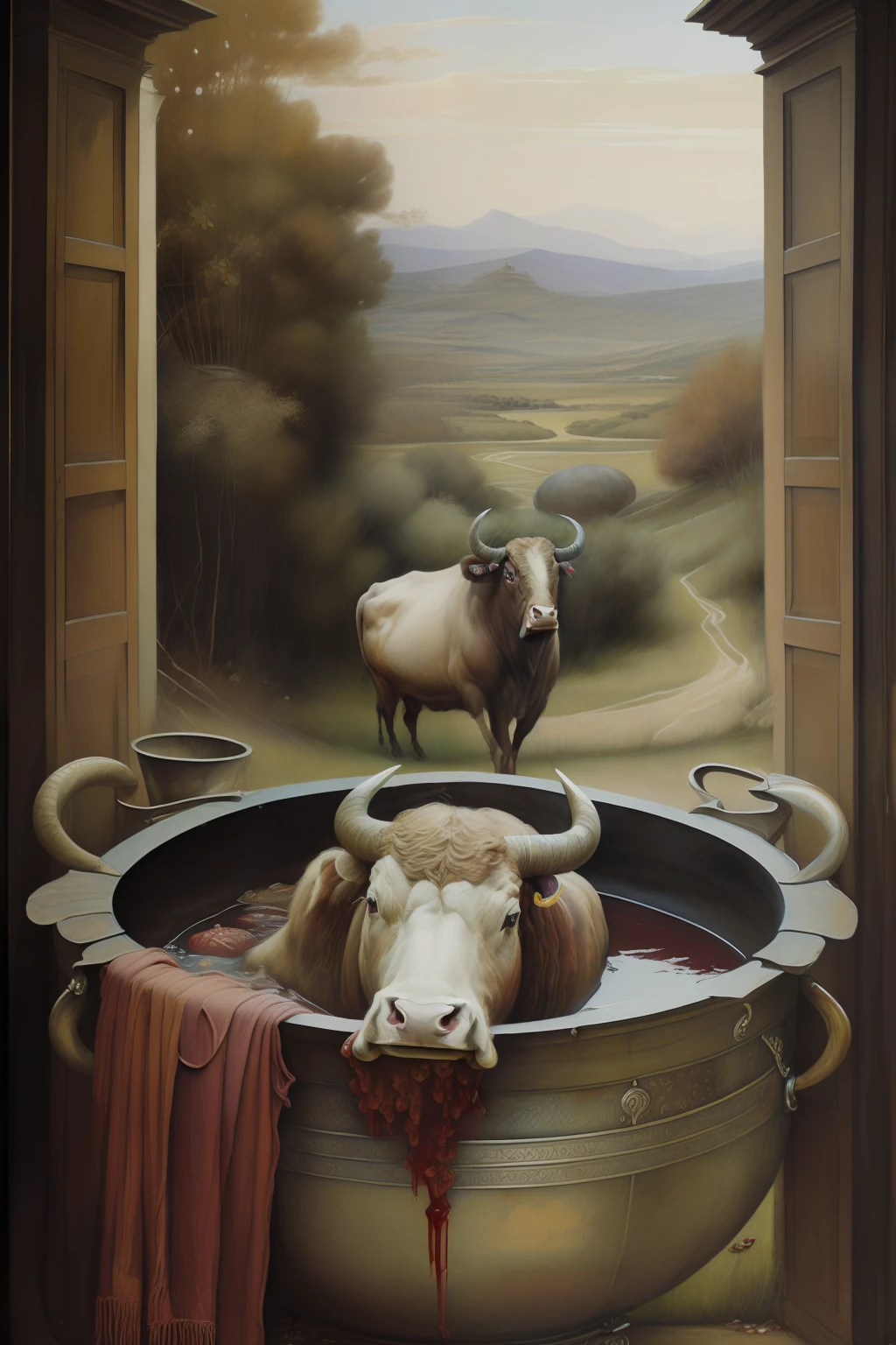 Paisagem celta (((Pre-Raphaelite painting of a sacrificed bull, Blood in a Cauldron, videira e parreira carregada de uvas, paisagem celta)))