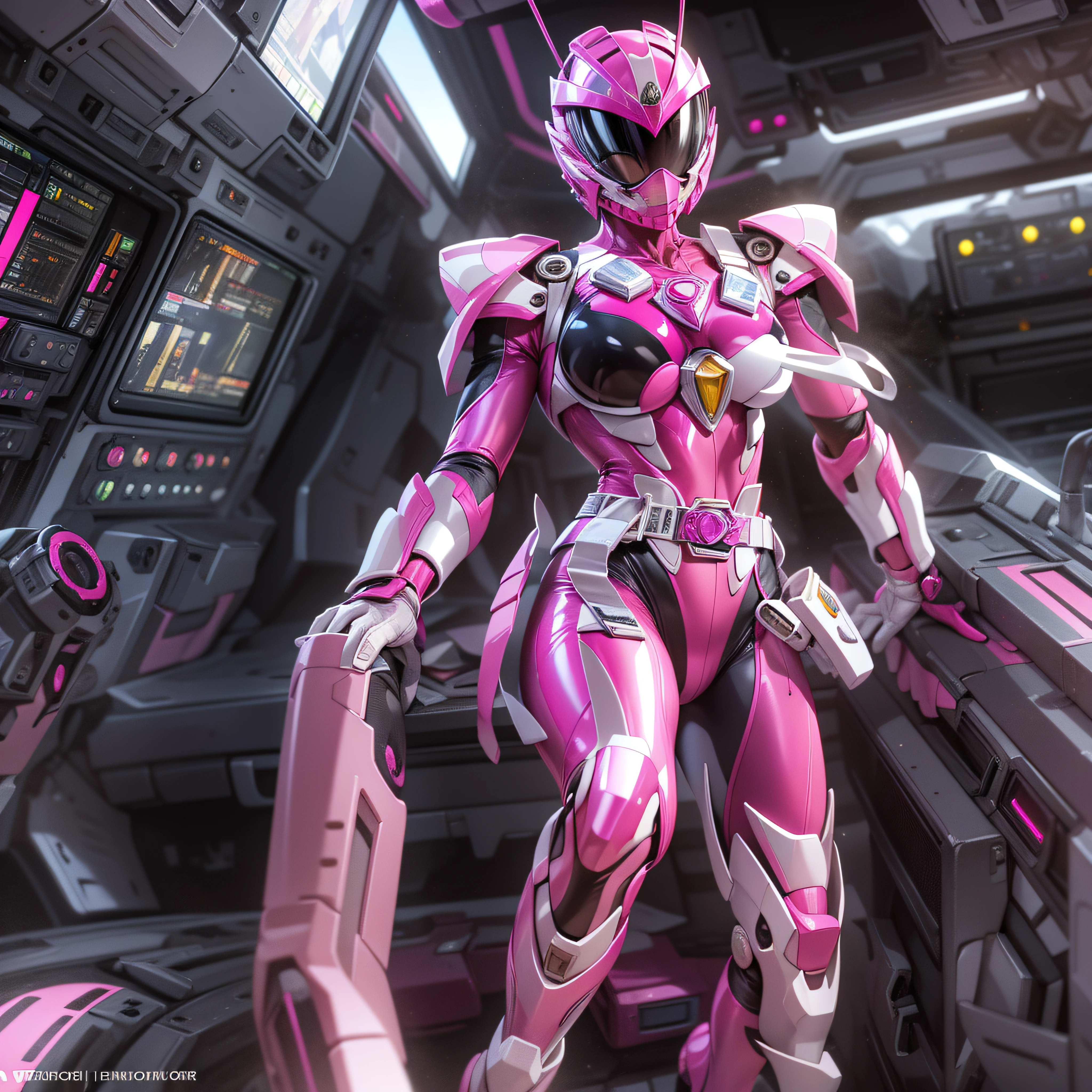 1woman, masterpiece,best quality, masterpiece, high detail,detailed face,detailed eyes,rendered eyes,perfect eyes,hip lines,ambient occlusion,crisp image,detailed,amazing,8k,8k wallpaper,8k in megazord cockpit background, high detailed skin,high res, ((male shot)), (running), pink megazord, mecha, (sitting in megazord cockpit) ((solo)), (pink chrome female Power Ranger), (((pink chrome armor, pink chrome spider helmet, pink chrome bodysuit, white belt, black eyes, white gloves))), (((white boots))), gold chrome armor, white gloves, pink chrome bodysuit, vambraces, photo-realistic, ultra-realistic, unreal engine,
