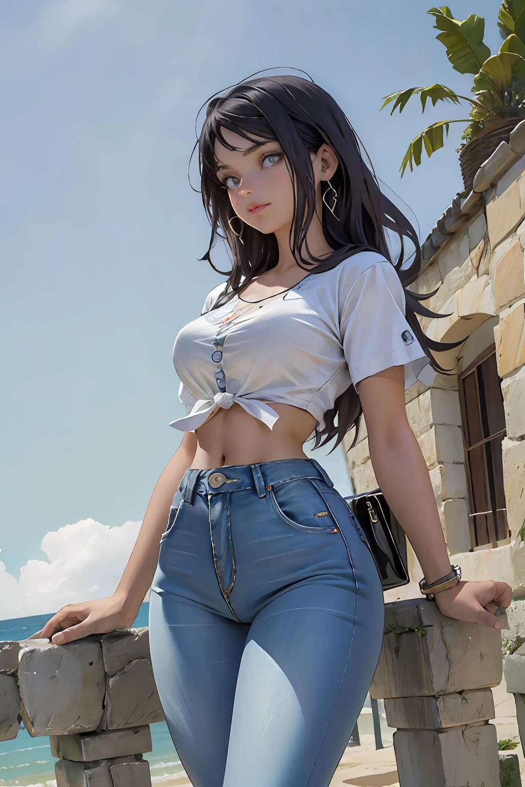 arte oficial, papel de parede 8k da unidade, ultra detalhado, handsome and aesthetic, lindo, vista do local, pernas abertas, cabelo longo, curto, seios grandes, uma , pernas grossas, cabelo liso, hinata, hyuuga hinata, olhos vazios, olhos brancos , pupila branca, quadril largo, barriga de fora, denim trousers, brassier, seios para fora, tight jeans, blusa preta, ombros de fora