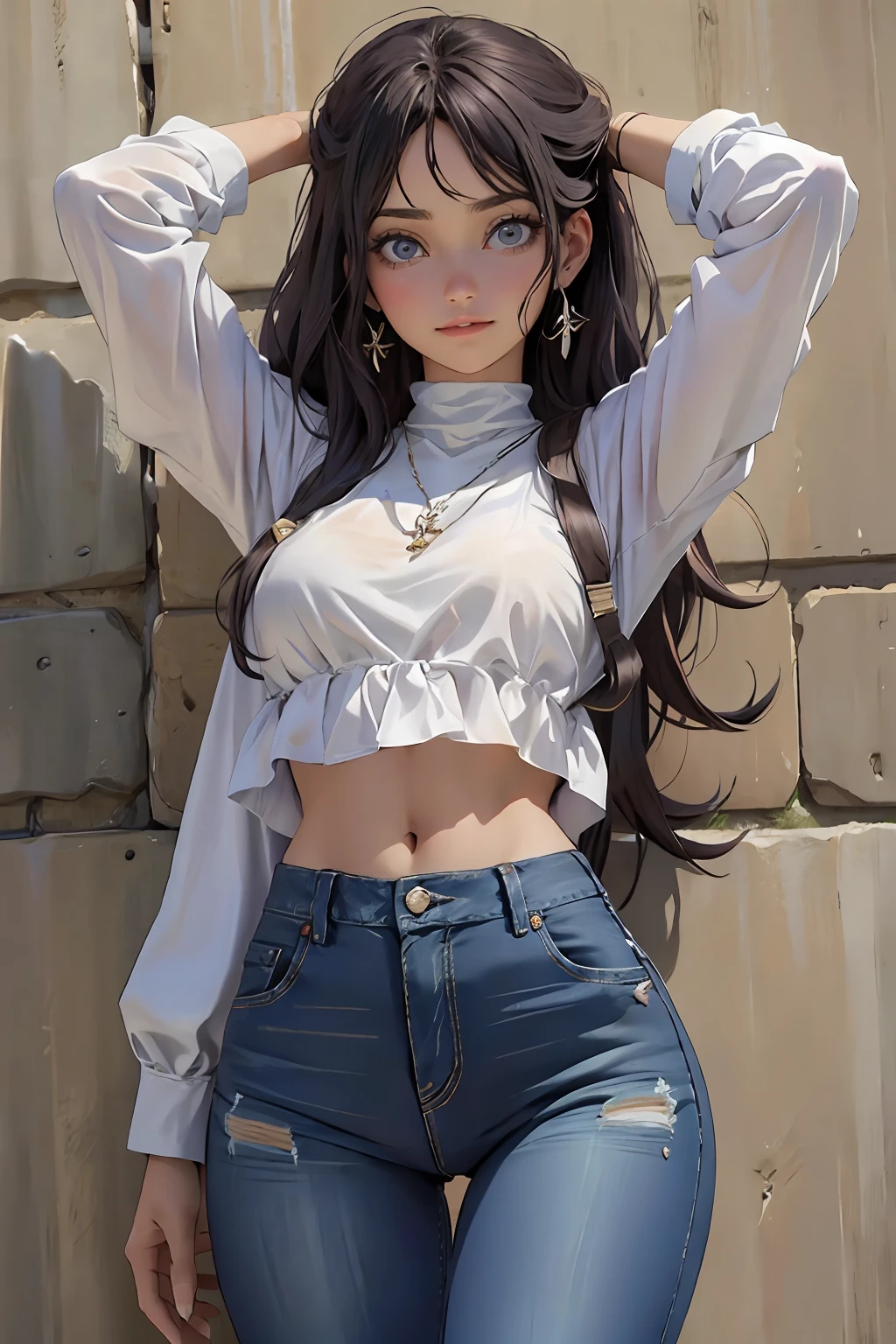 arte oficial, papel de parede 8k da unidade, ultra detalhado, handsome and aesthetic, lindo, vista do local, pernas abertas, cabelo longo, curto, seios grandes, uma , pernas grossas, cabelo liso, hinata, hyuuga hinata, olhos vazios, olhos brancos , pupila branca, quadril largo, barriga de fora, denim trousers, brassier, seios para fora, tight jeans, blusa preta, ombros de fora