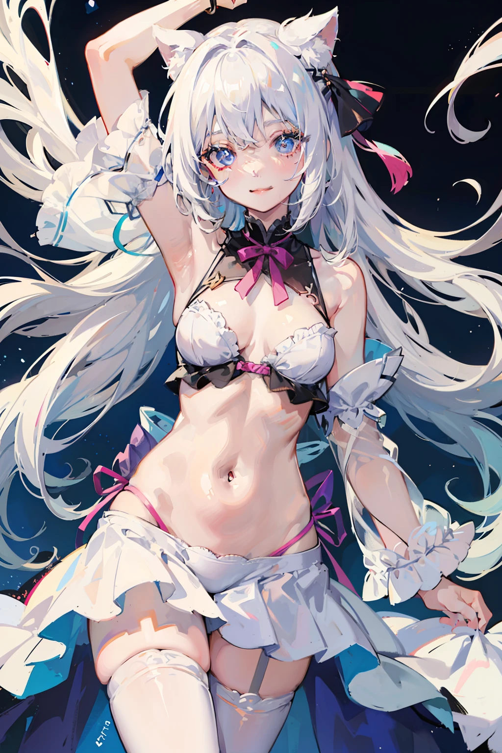 an anime girl、cute little、White hair、best anime 4k konachan wallpaper, anime style 4 k、Trending on ArtStation pixiv, A sexy、a smile、View between legs、face perfect、Clothes with a thin stomach, Beautiful face, extremely detailed cute anime face,@okojo2