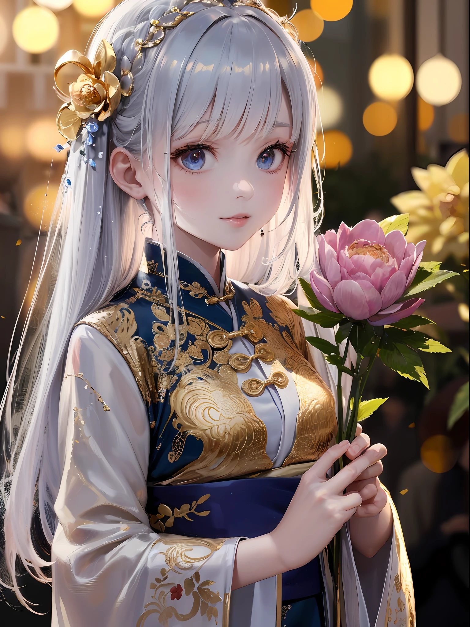 （tchibi：1.3），（tmasterpiece：1.4），（best qualtiy：1.4），（Very cute girl，Super detailed face，gem-like eyes，silber hair），（Intricate hair braiding： 1.4），（Peony flower hairpins： 1.4），（Gold ornaments： 1.4），（Elegant handle behind you： 1.4），，（Cute little princess of the Han Dynasty： 1.4）， （Light-colored Hanfu： 1.4）， llight rays， Shine， Bokeh， super-fine， Depth of field, Close-up, High details, A high resolution