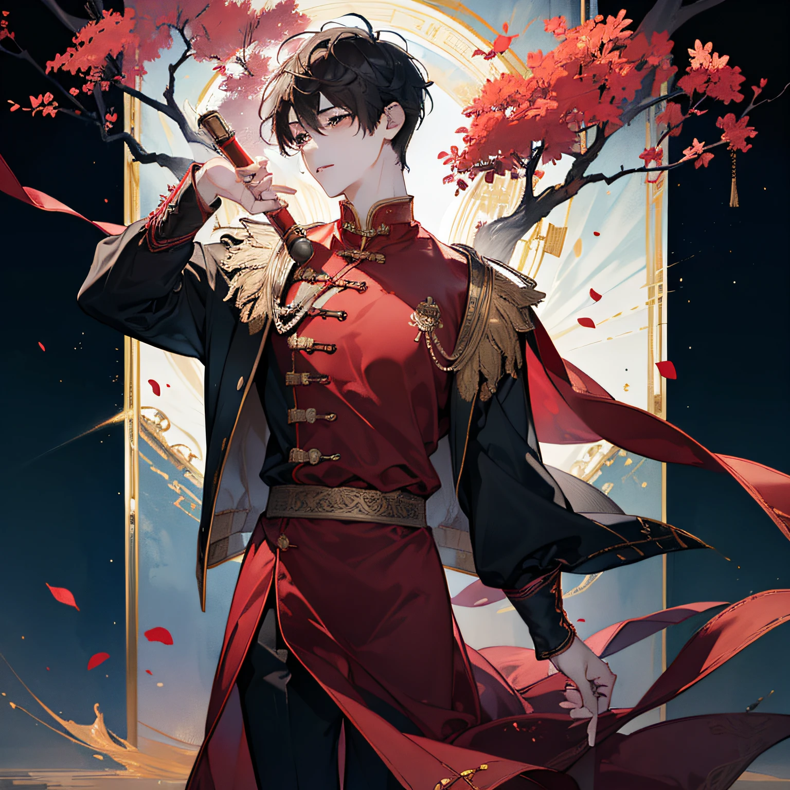 (in 8K、top-quality、​masterpiece:1.2)、1 boy、short-haired、Hair short、Brown-skinned、Red scenery、