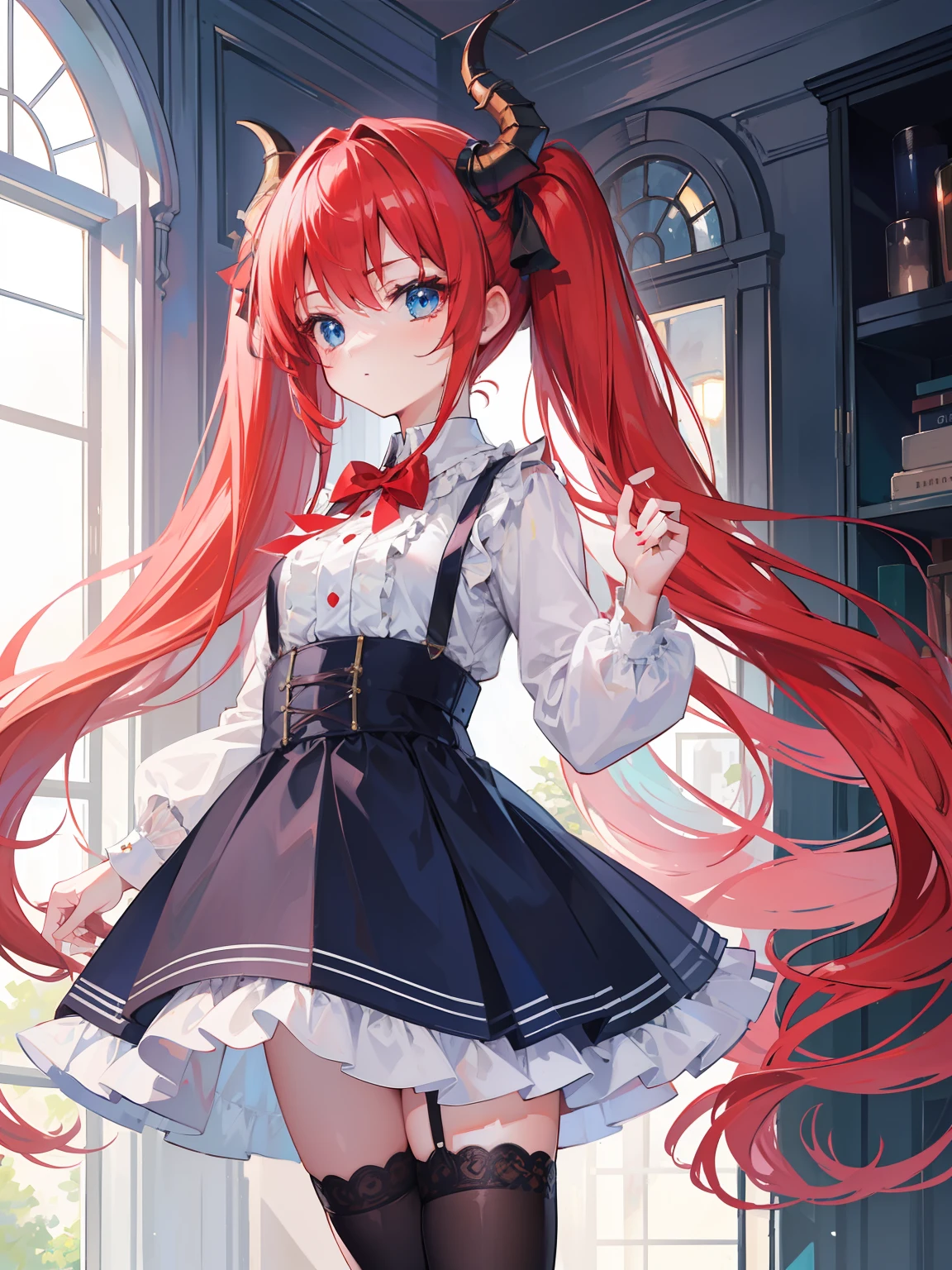 {{best quality}}, {{masterpiece}}, {{ultra-detailed}}, {illustration}, {detailed light}, red hair,blue eyes,twintails,lolita,Suspenders skirt,Fantastic,loli,solo,Dragon horns,little girl,long hair