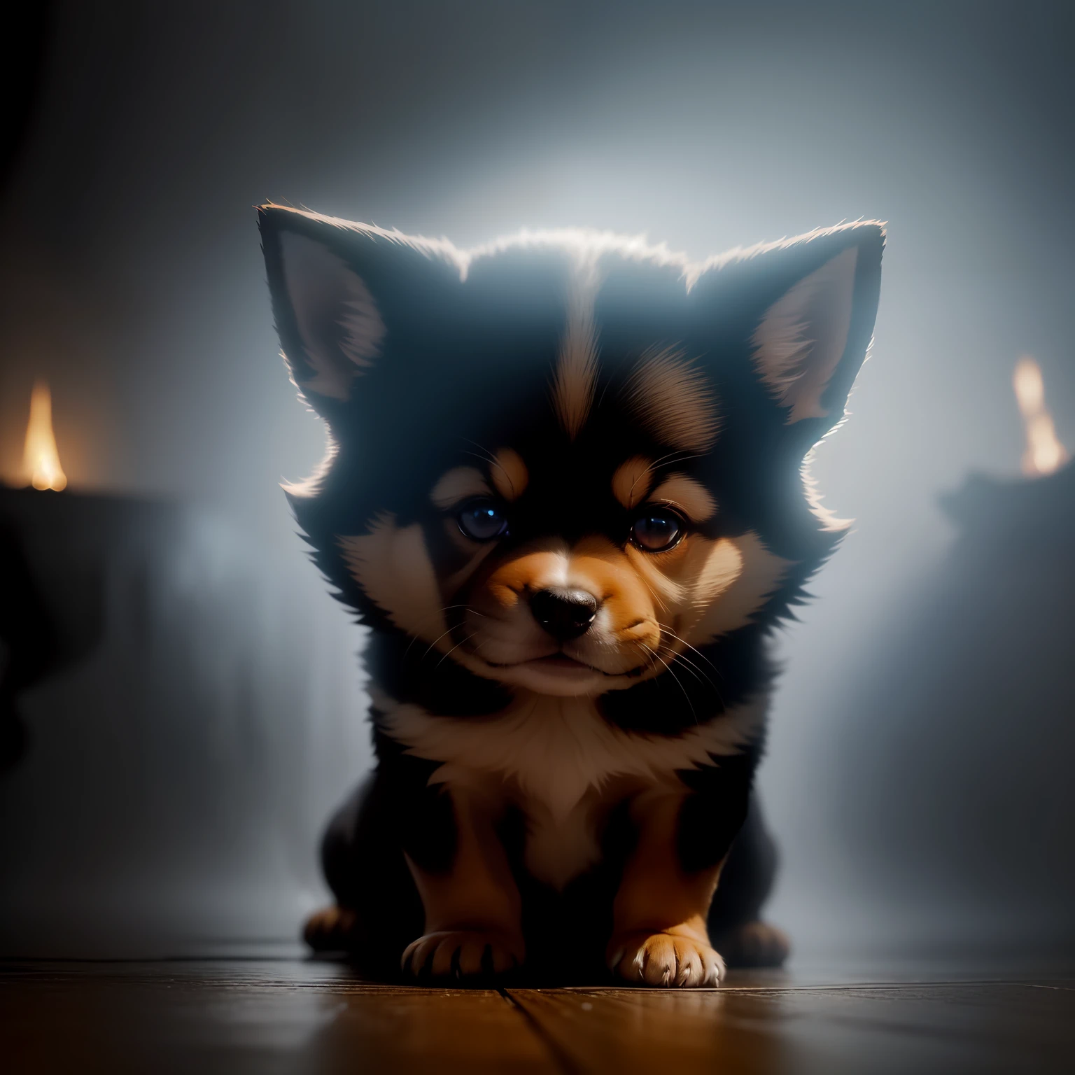 In a dimly lit dungeon、Attacked by goblins、A cute puppy of Shiba Inu is fighting desperately、Close-up photos、Volumetric fog、Halation、bloom、Dramatic atmosphere、central、thirds rule、200mm 1.4F Macro Shot、