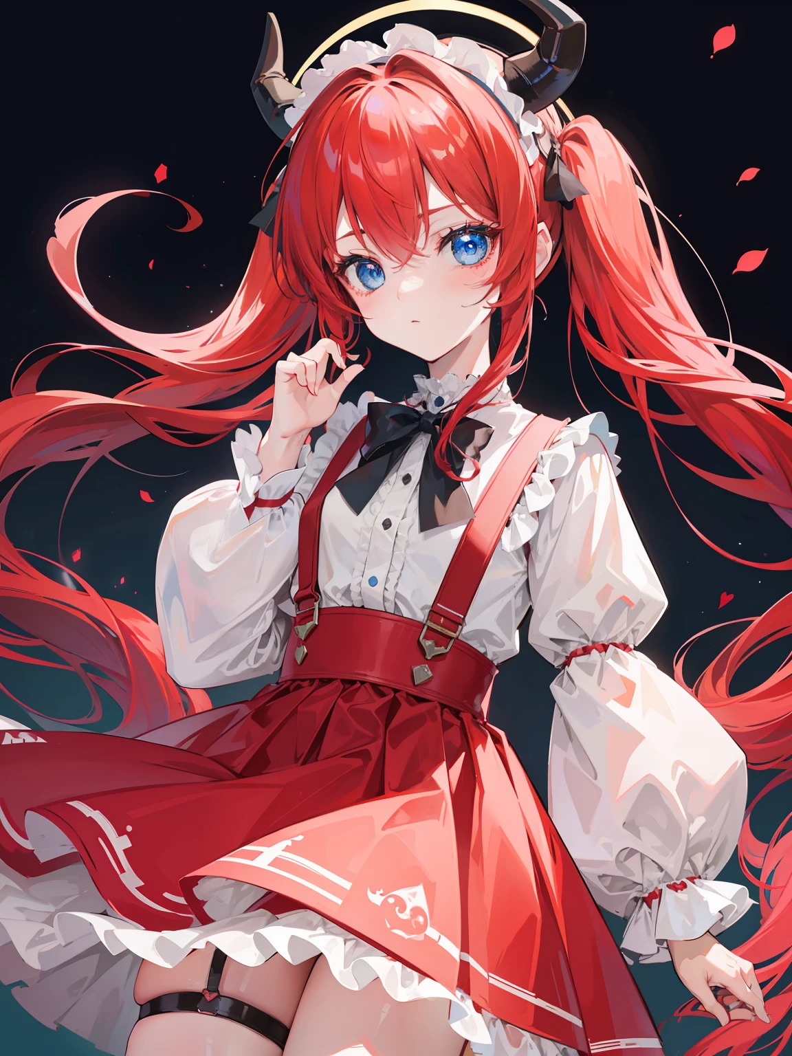 {{best quality}}, {{masterpiece}}, {{ultra-detailed}}, {illustration}, {detailed light}, red hair,blue eyes,twintails,lolita,Suspenders skirt,Fantastic,loli,solo,Dragon horns,little girl,long hair
