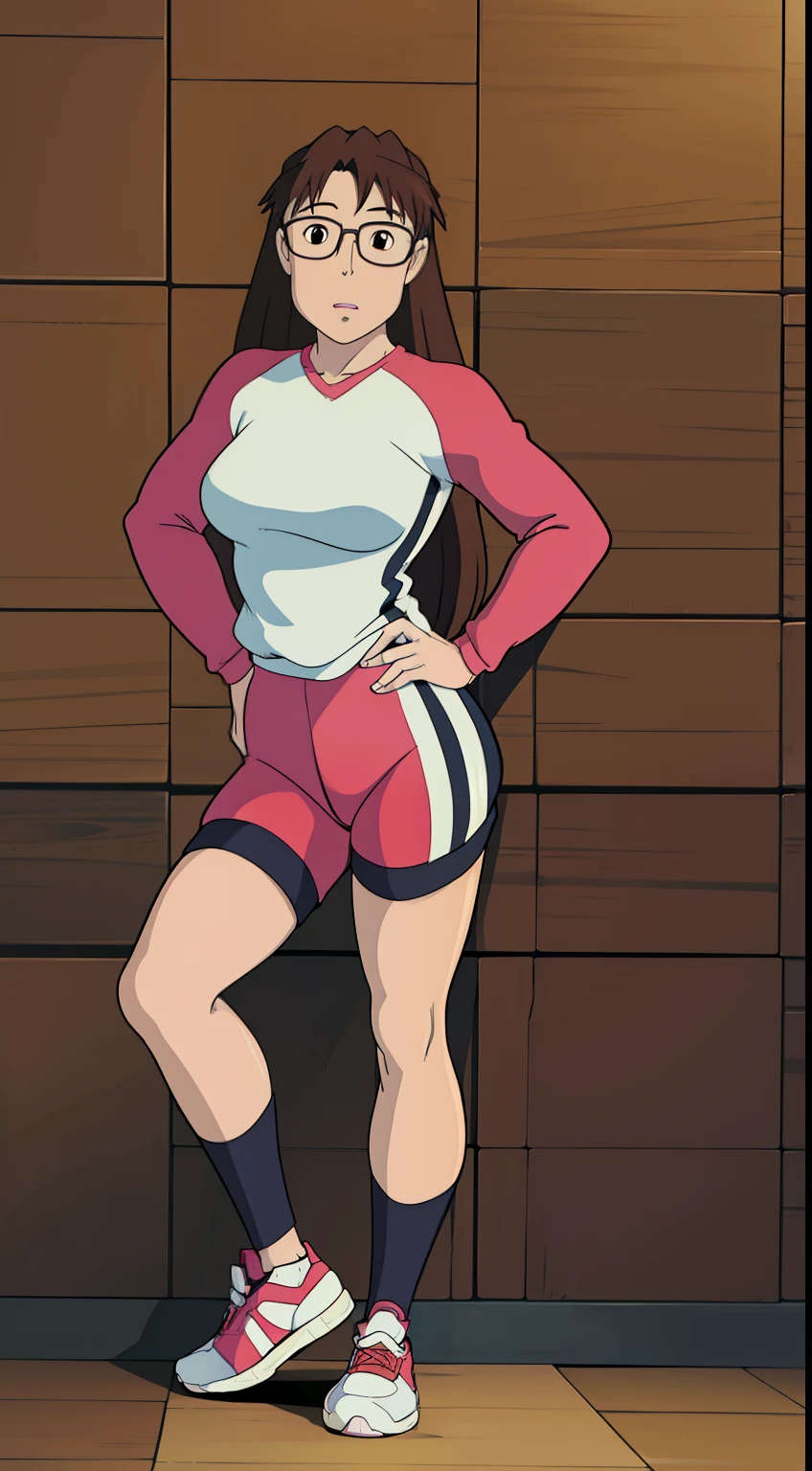 Koyomi Mizuhara, brown hair, long hair, glasses, brown eyes, luscious lips, Sleeved shirt jersey, medium breasts, adidas biker shorts, socks, shoes, Wallpaper, Standing upright, close up,