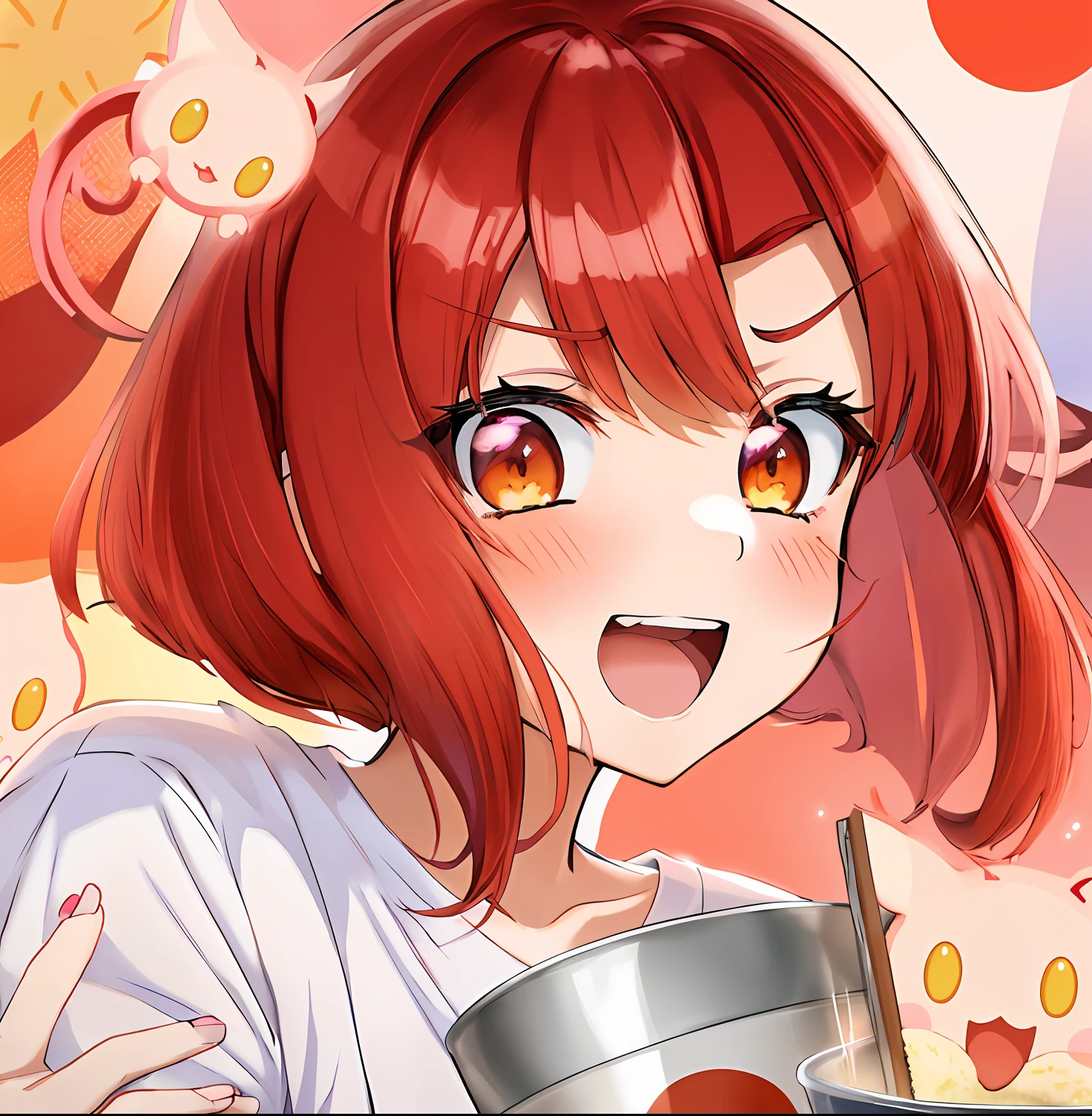 Anime girl with red hair and white shirt holding a bowl of food, cute kawaii girl, cute anime style, kawaii anime manga style, Cute anime girl, an anime girl, anime vibes, Anime Girl, Cute anime face, In anime style, In an anime style, Anime Art Style, Anime visuals of cute girls, Anime style, extremely cute anime girl face