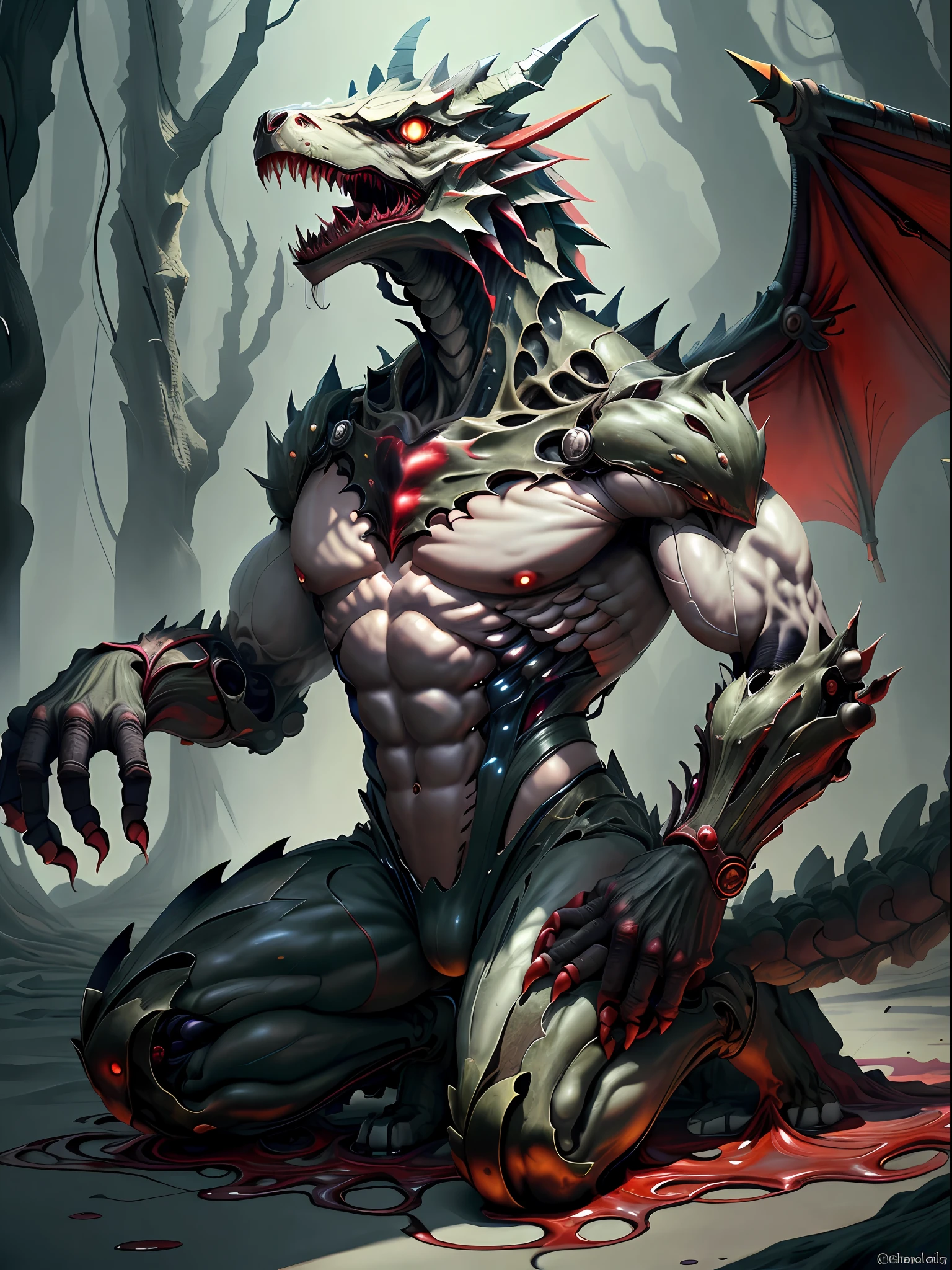 Artificial Intelligence Dragon Man，Full body like，Furry wolf-headed man，A pair of dragon wings，fig leaf，Liquid spillage，Whole body body body body fluids，Black skin，Chemical and biological weapons，red striped，sharp talons，Lower body outflow fluid，Kneel，drools，In the dense woods，Kneel，Milk spilled all over the floor，adolable，ssmile，Handsome