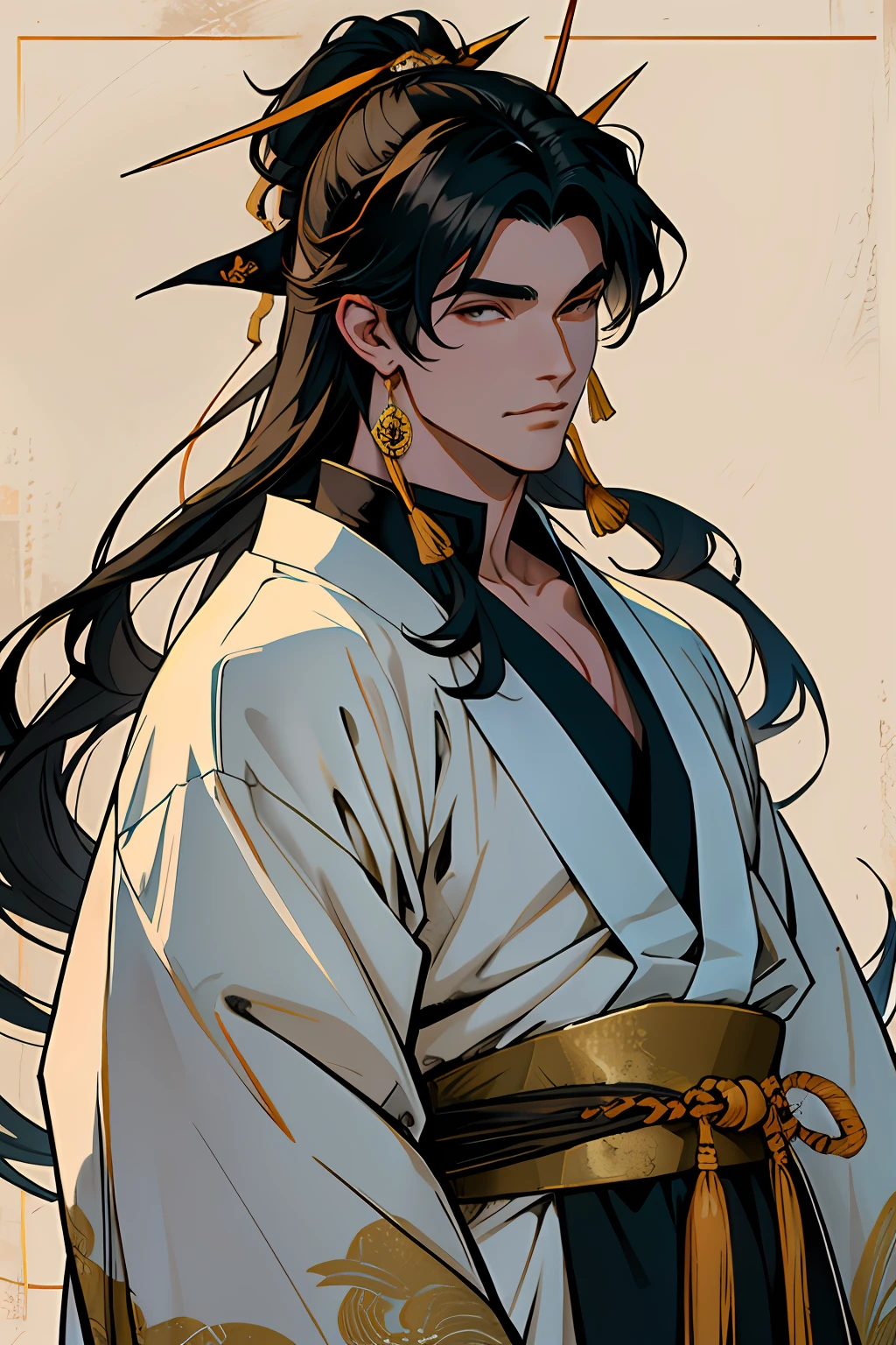 (melhor qualidade)), ((obra-prima)), (altamente detalhado:1.3), naraku (inu-yasha) usando kimono preto e dourado em um templo antigo